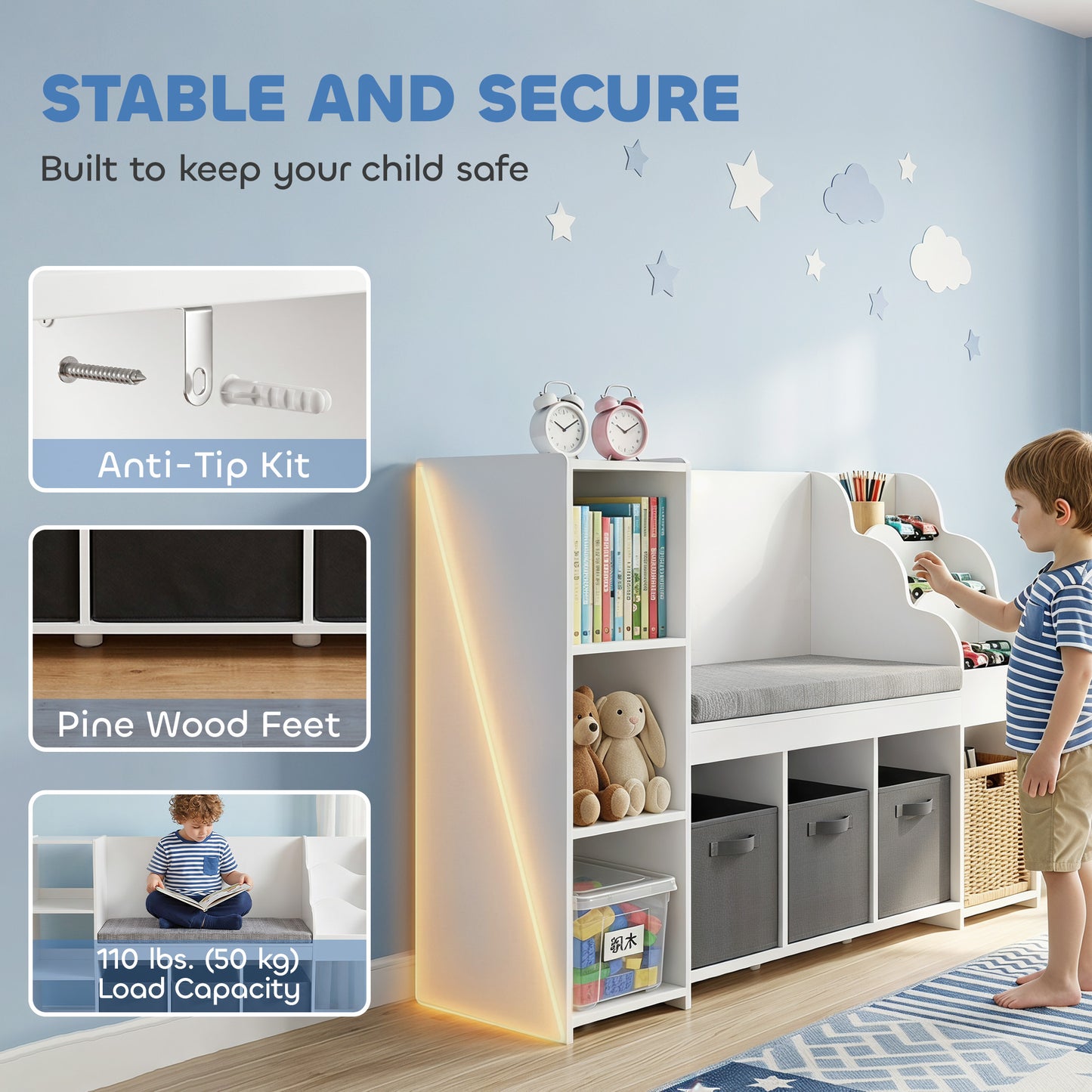 Qaba Kids Storage Shelf with Reading Nook, Toy Storage Organizer with Seat Cushion, 3 Fabric Drawers for Playroom, Nurse