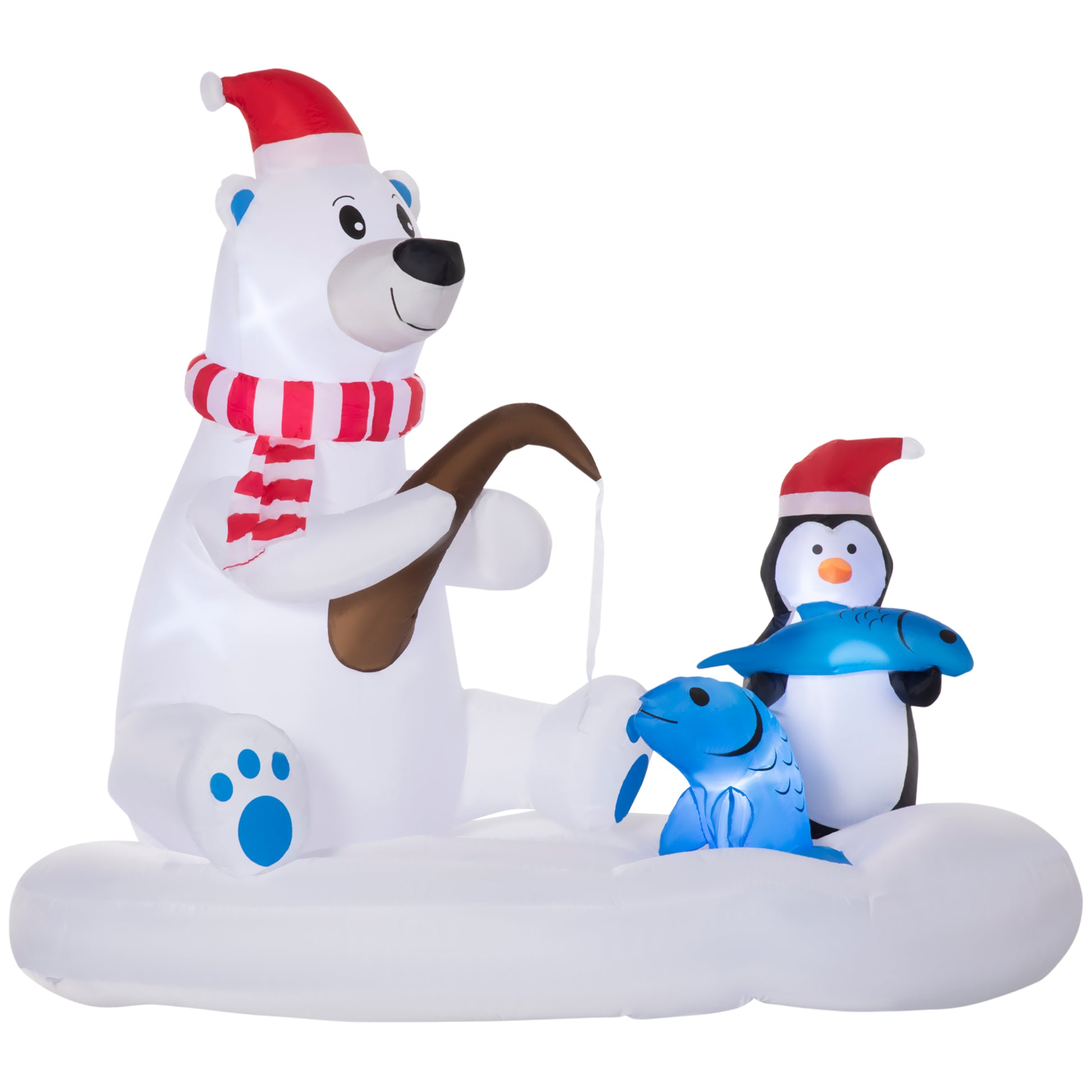 6ft Christmas Inflatable Polar Bear and Penguin with Santa's Hat Fishing on Board, Blow-Up Outdoor LED Yard Display for 