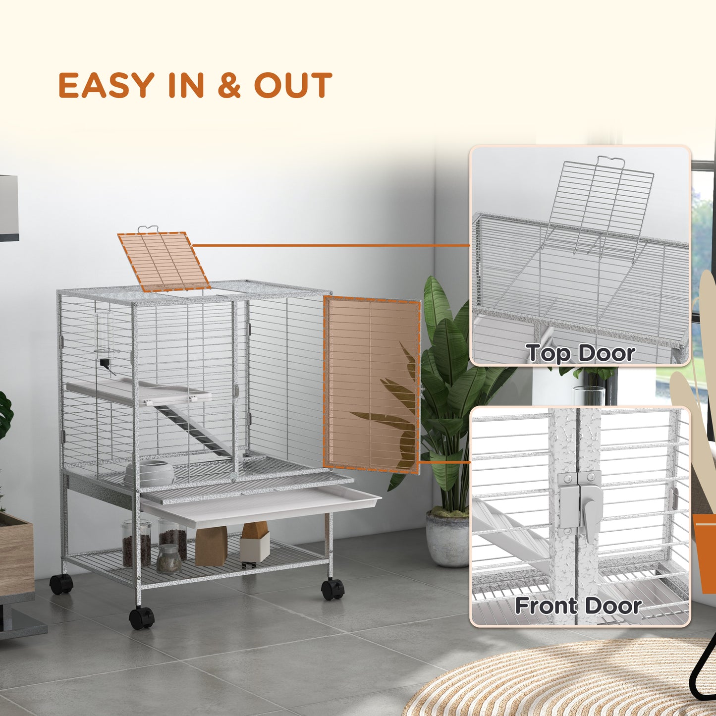 Rolling Small Animal Cage 34"H Chinchilla Cage for Ferrets, Squirrels w/ Removable Tray, Storage Shelf, Light Grey