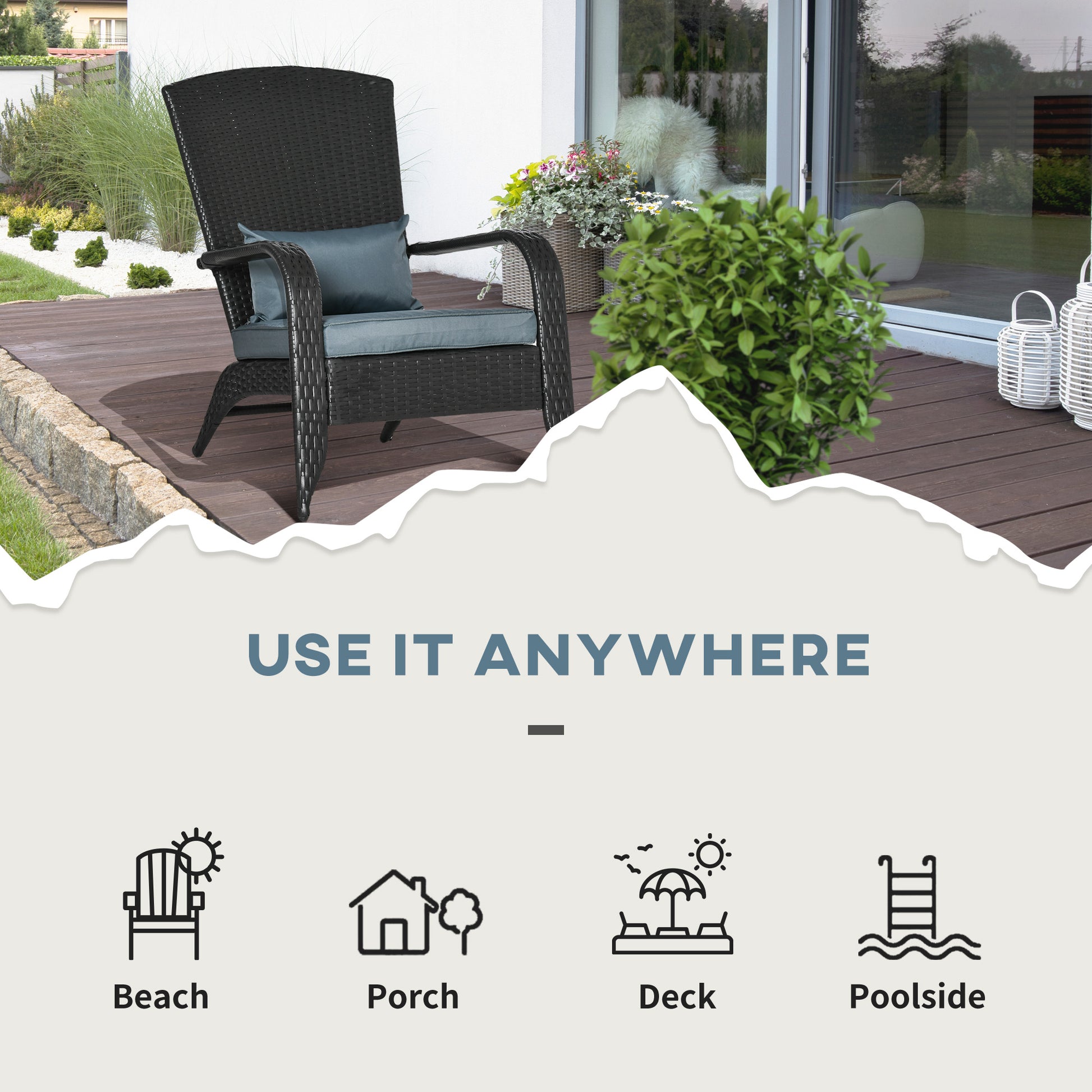 Patio Wicker Adirondack Chair, PE Rattan Outdoor Muskoka Chair, Fire Pit Chair with Cushions for Patio, Garden, Backyard
