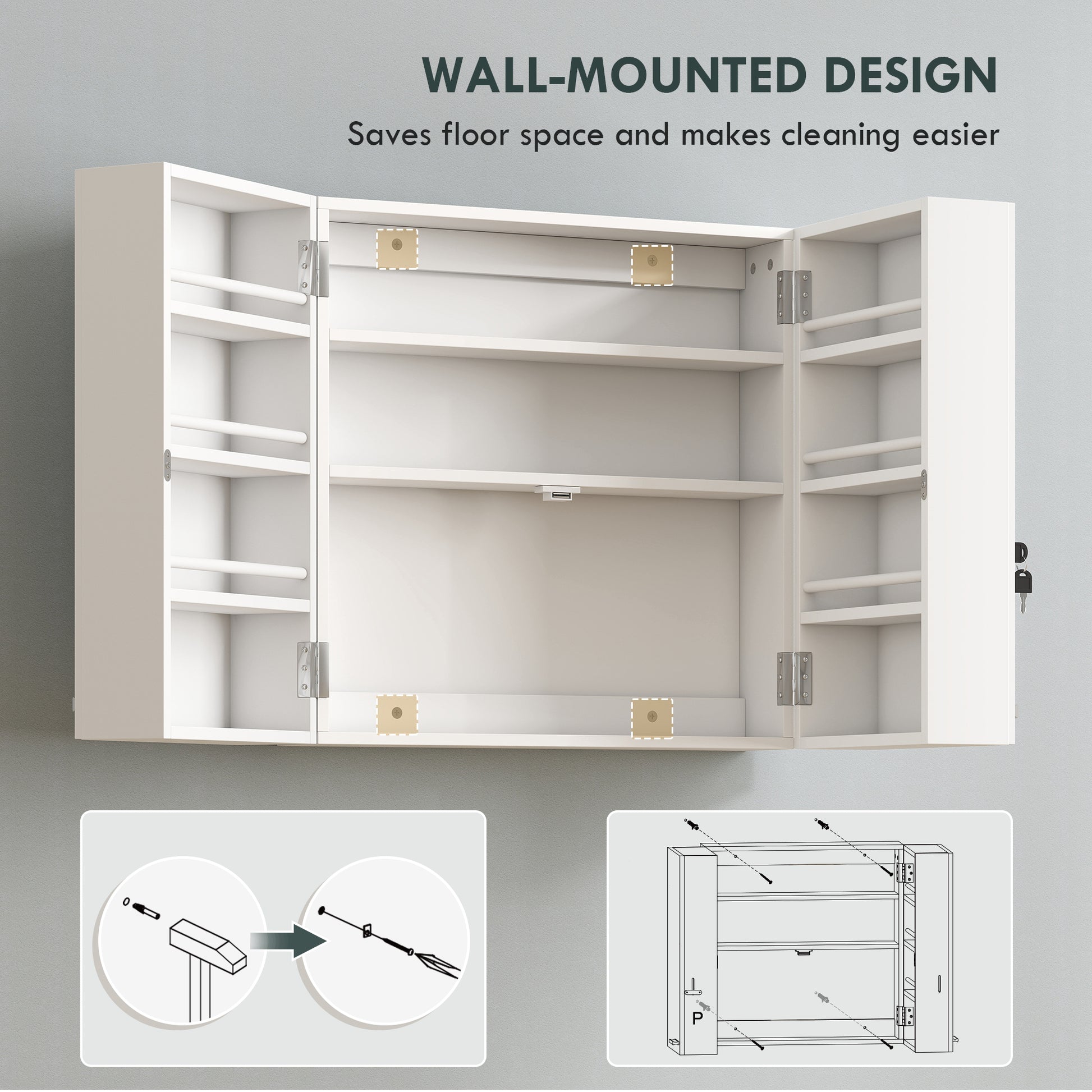 Wall Mount Medicine Cabinet, Bathroom Cabinet with 4 Tier Shelves, Lockable with 2 Keys for Kitchen, White