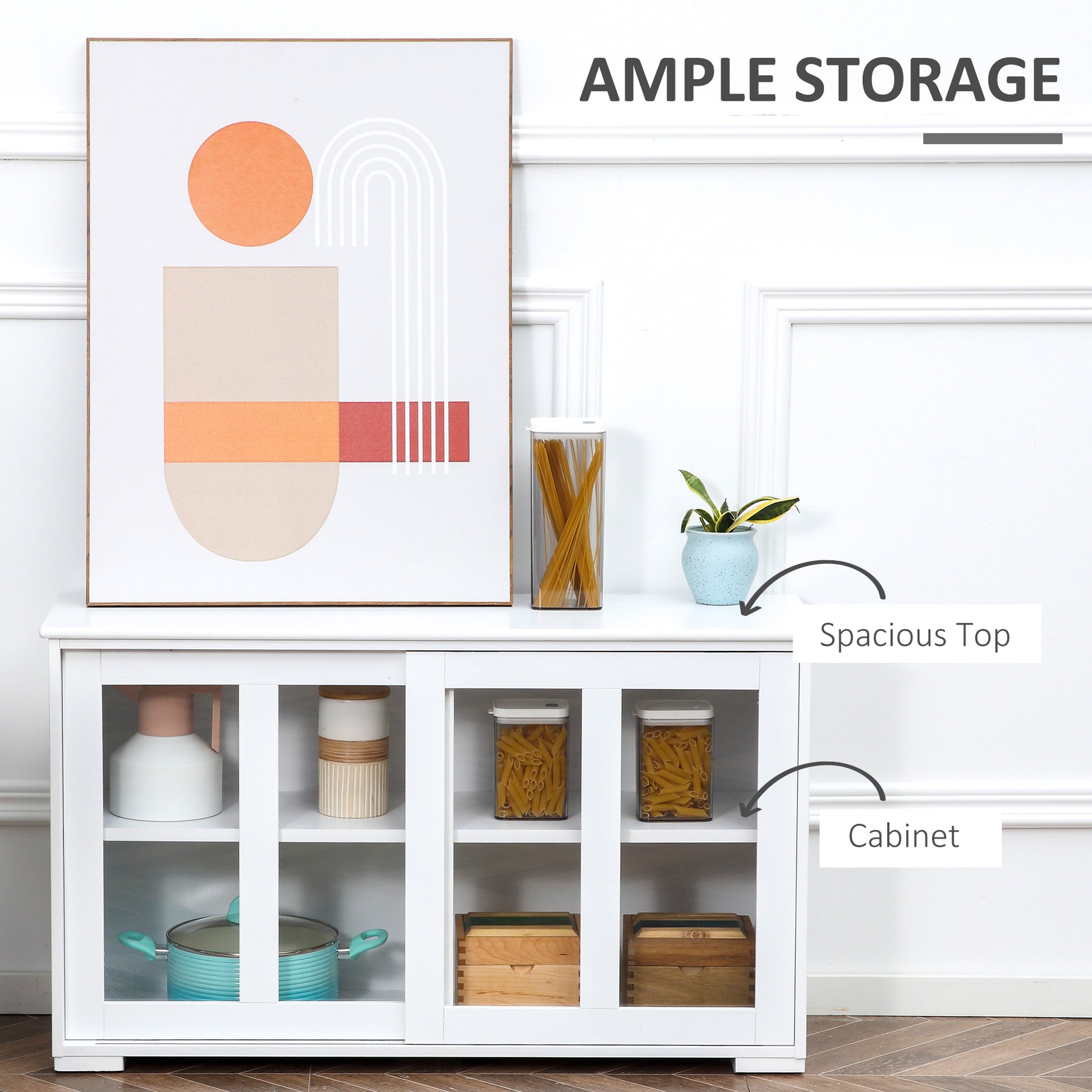 Modern Kitchen Sideboard, Stackable Storage Cabinet, Sliding Glass Door Console, Cupboard Serving Buffet for Kitchen & D