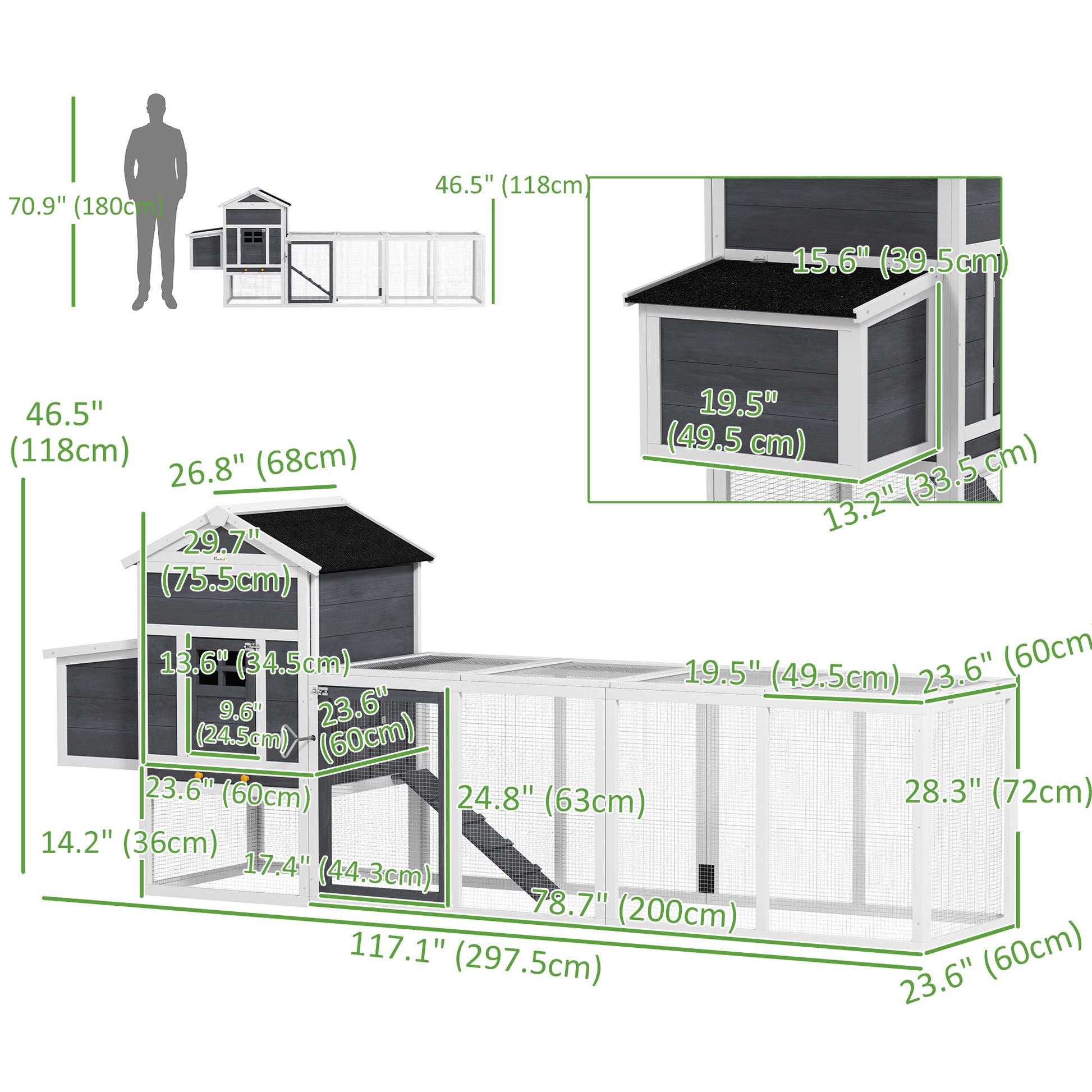 117" Extra Large Chicken Coop with Asphalt Roof, Wooden Hen House with Slide-out Tray, Quail Hutch with Nesting Box, Gre