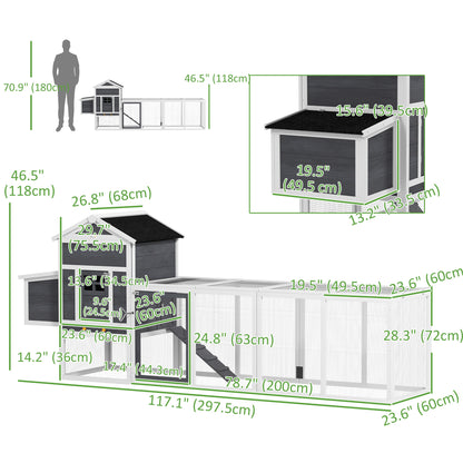117" Extra Large Chicken Coop with Asphalt Roof, Wooden Hen House with Slide-out Tray, Quail Hutch with Nesting Box, Gre