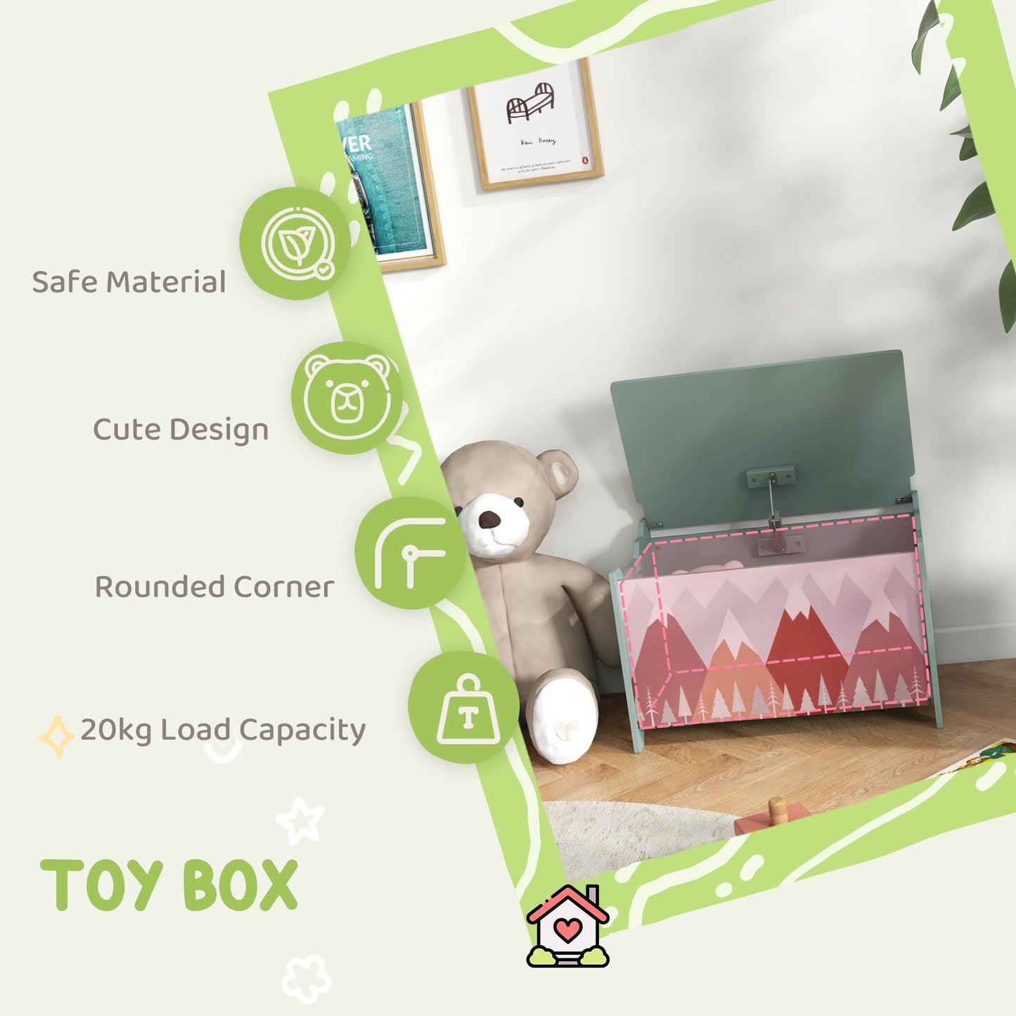 Qaba Toy Box, Kids Storage Chest with Lid, Safety Hinges and Groove Handles, Toy Storage Organizer with Mountain Pattern