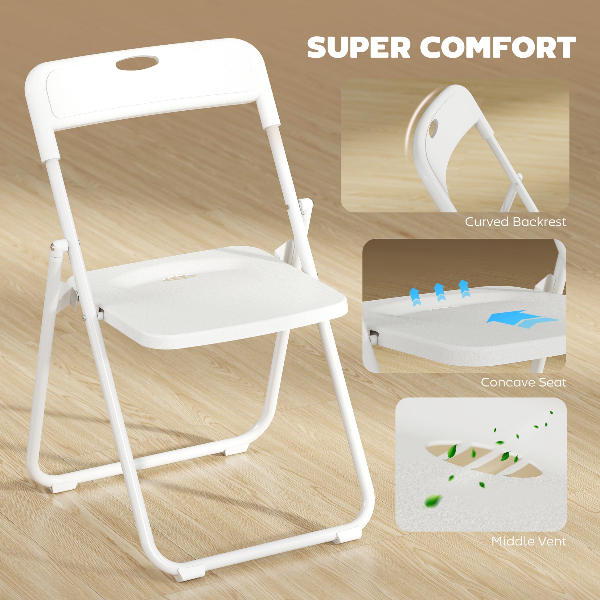 Folding Chairs 6 Pack, Plastic Foldable Chairs with Vent, Carry Hole and Steel Frame for Home, Office, Dining, White