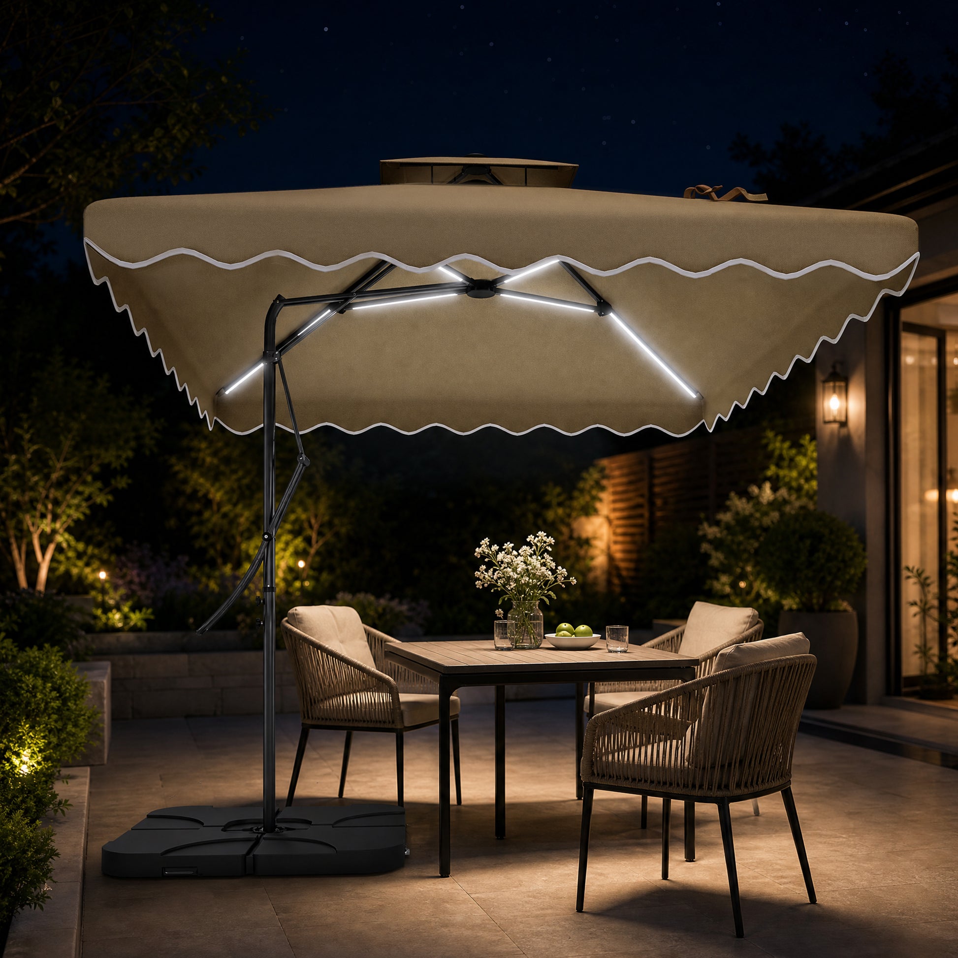 8' x 8' Square Double Top Offset Patio Umbrella Garden Parasol with Solar LED Lights, Ruffles and Weights, Khaki