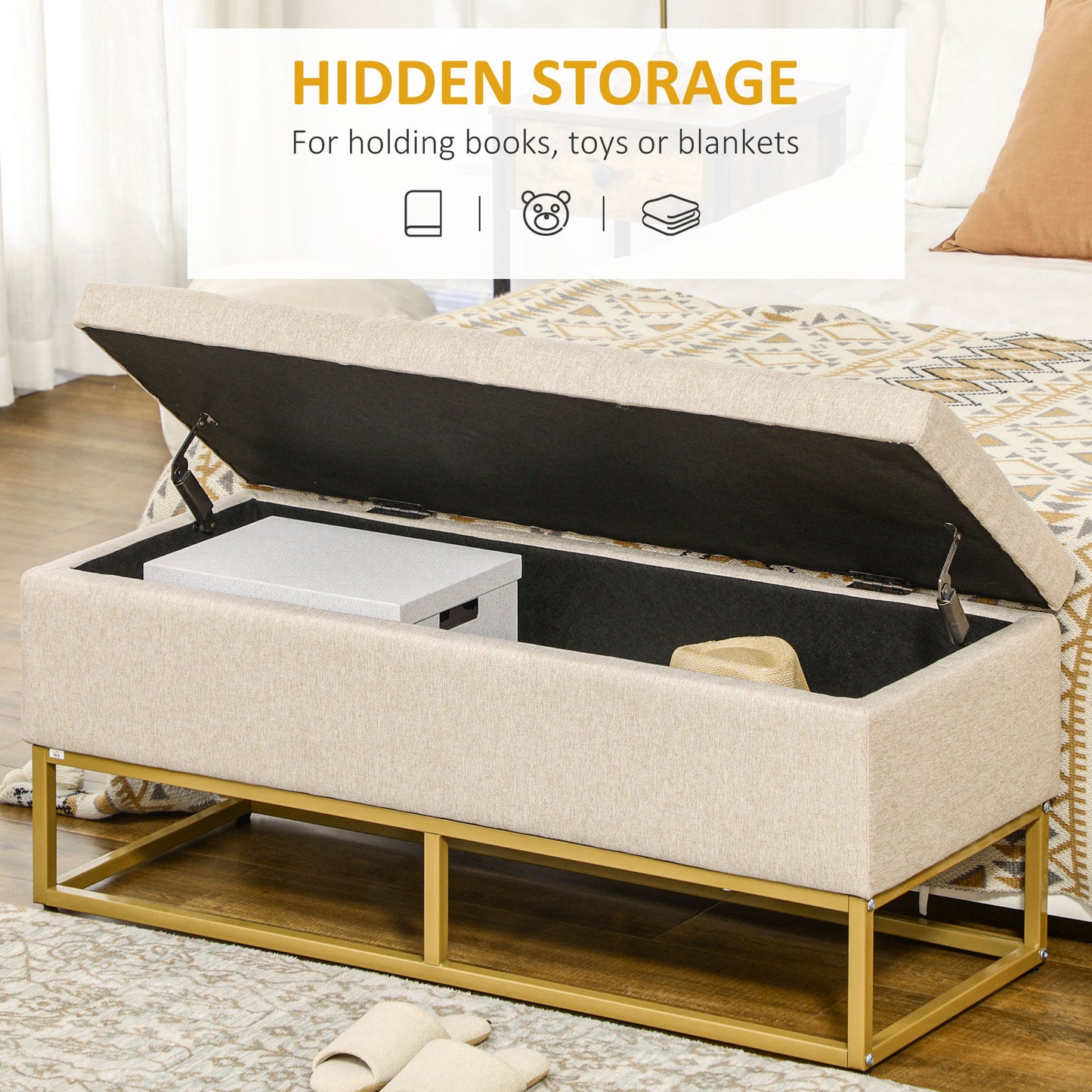 Storage Ottoman with Flip Top, Upholstered Storage Bench, Linen Fabric Footstool with Steel Legs for Living Room, Bedroo