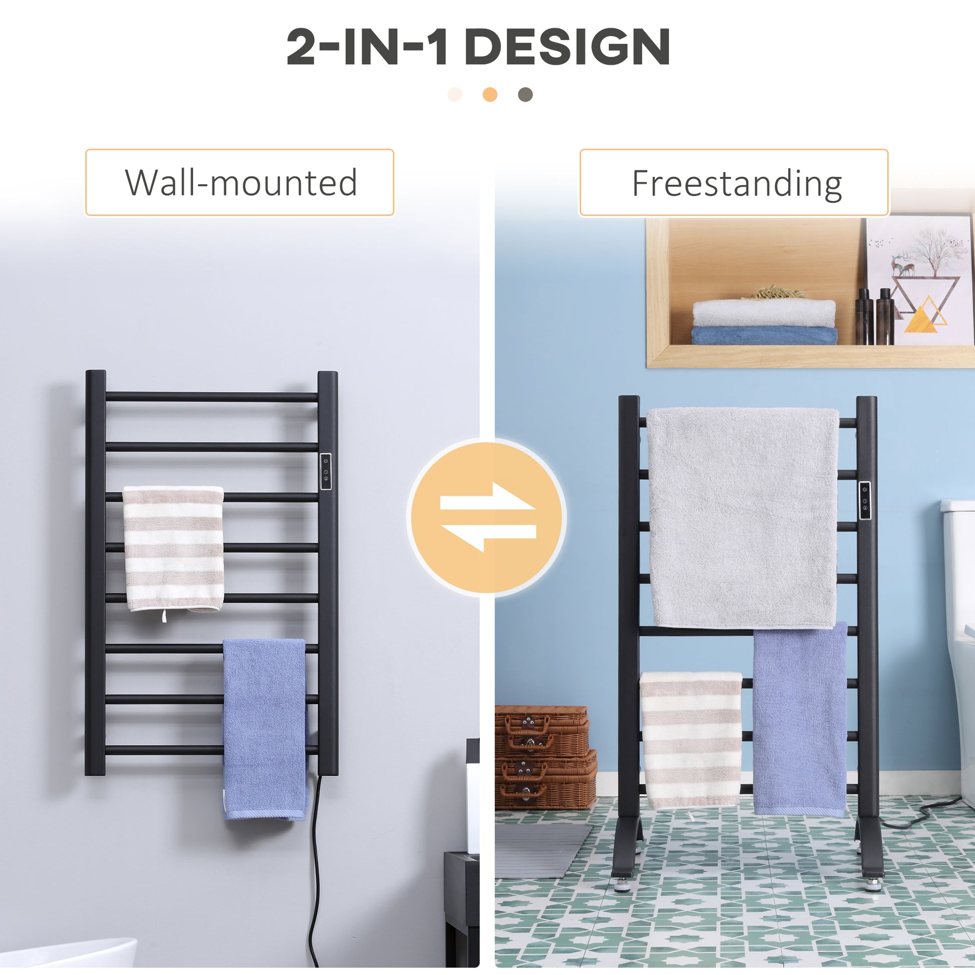 8-Bar Heated Towel Warmer Rack with Built-in Timer and LED Indicators, Wall Mounted & Free Standing Carbon Steel Electri