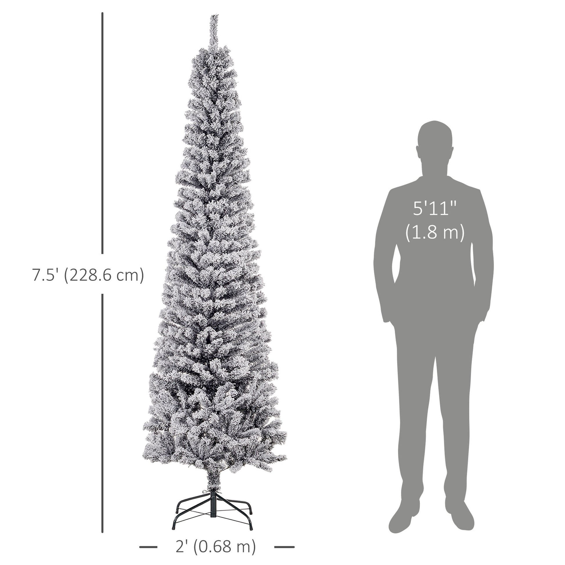 7.5ft Flocked Christmas Tree, Pencil Christmas Tree with Realistic Branch Tips, Folding Metal Stand, Black