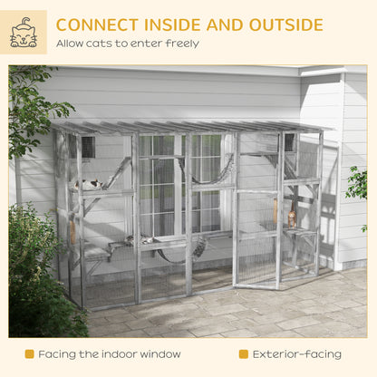 Large Outdoor Catio with Condos, Platforms, Doors, Ladders, Weather-Resistant Roof, Grey