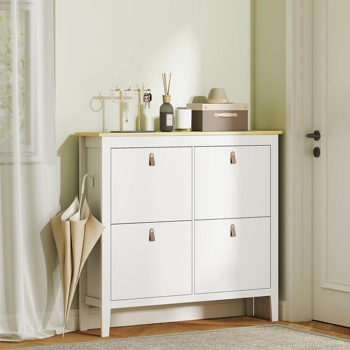 Narrow Shoe Cabinet with 4 Flip Drawers, Adjustable Shelves for Entryway, Holds 12-20 Pairs, White