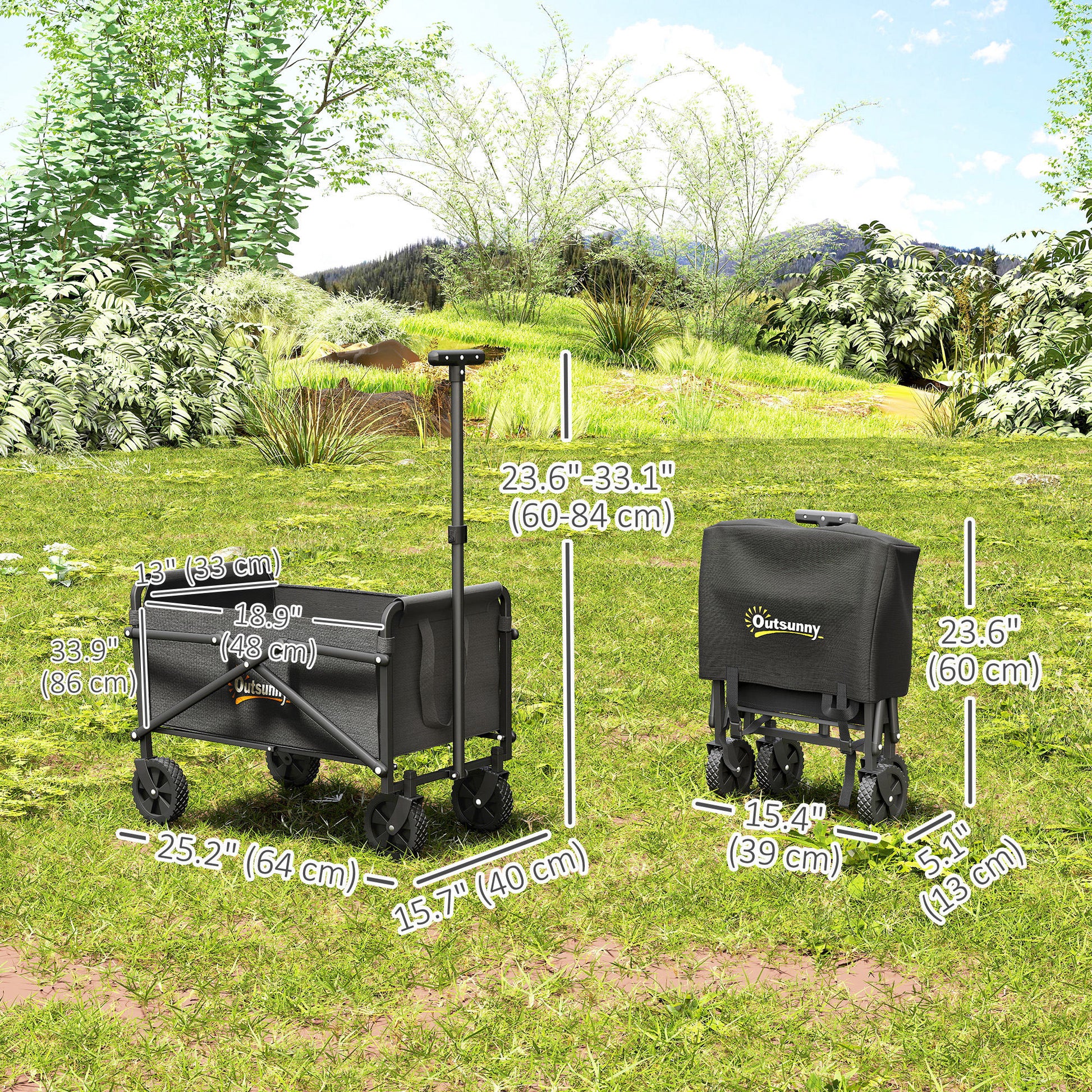 Small Collapsible Folding Garden Cart, Heavy Duty Lawn Wagon with Universal Wheels and Adjustable Handle, Black