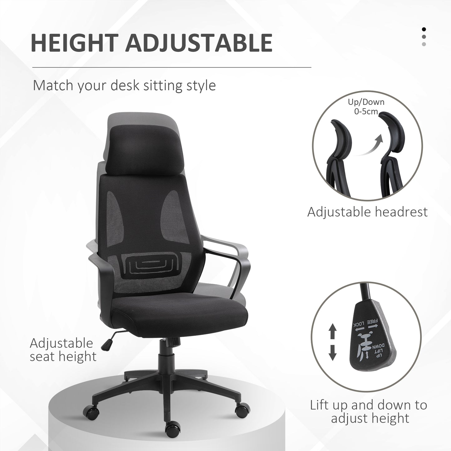 Mesh Office Chair with Up&Down Headrest, Ergonomic Computer Desk Chair with Adjustable Tilt Angle, Height Adjustable Swi