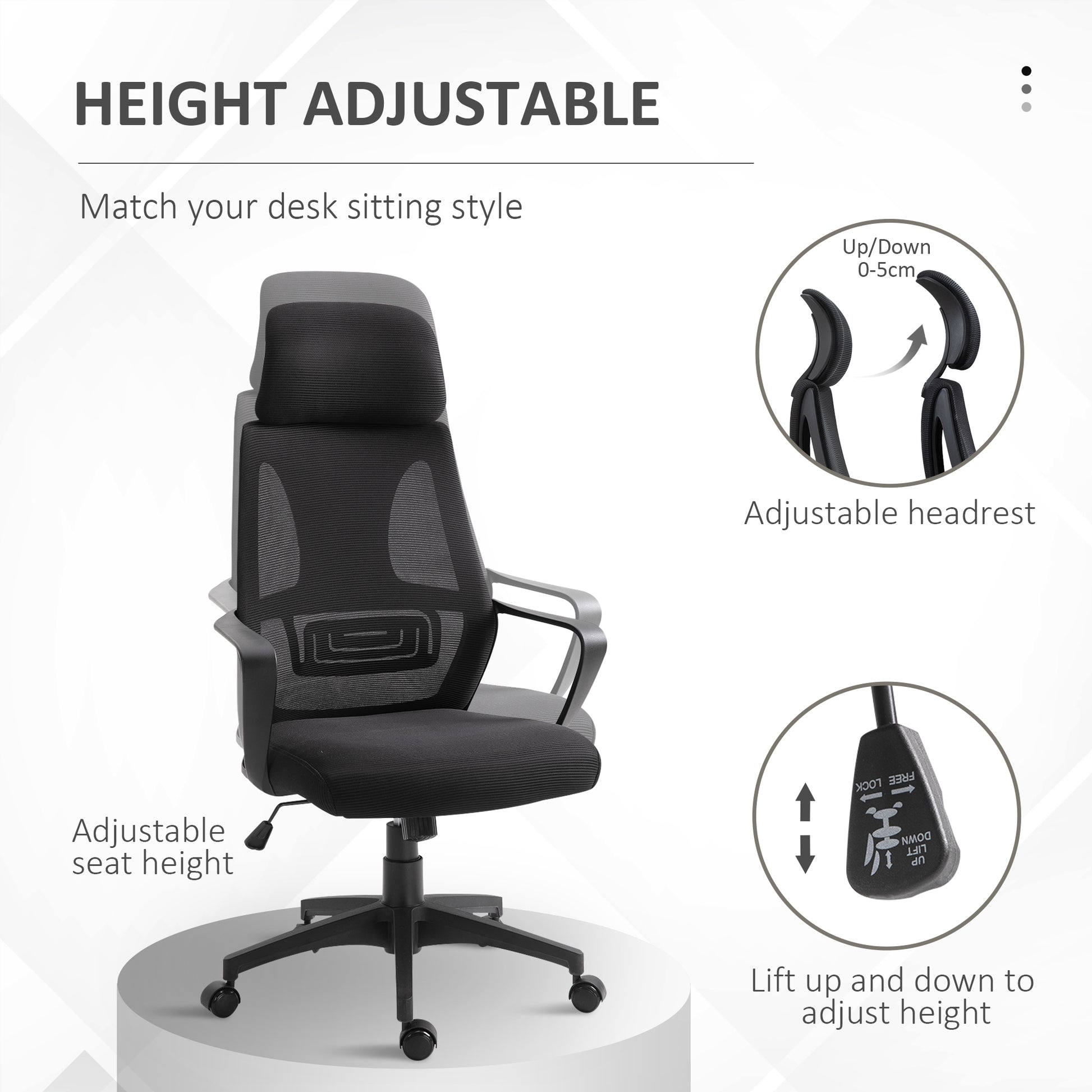 Mesh Office Chair with Up&Down Headrest, Ergonomic Computer Desk Chair with Adjustable Tilt Angle, Height Adjustable Swi