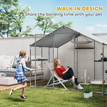 Large Catio Outdoor Cat Enclosure with Waterproof Cover, Walk-in Cat Patio w/ 5 Adjustable Platforms & Hammock 94.5" L