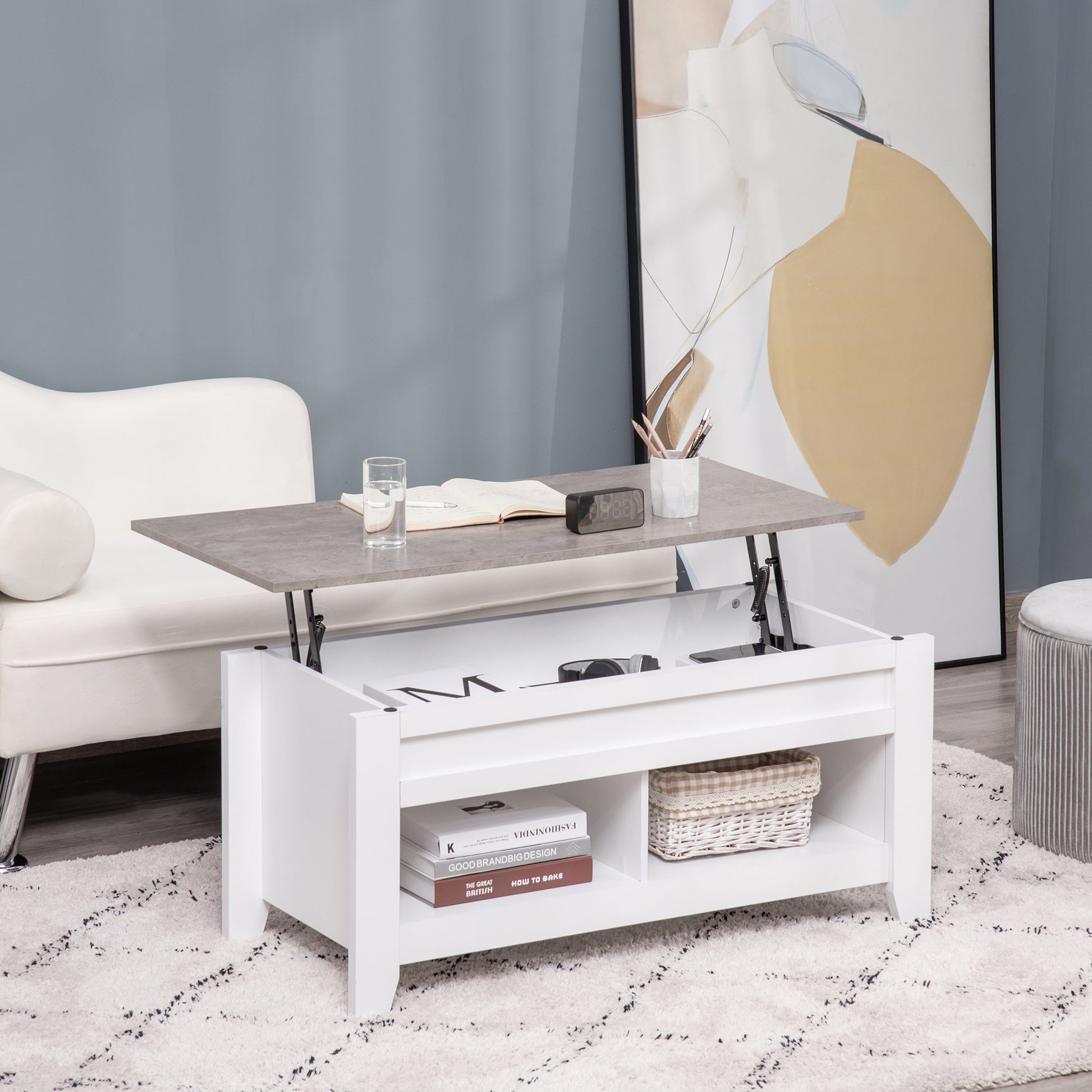 Lift Top Coffee Table with Hidden Storage Compartment and Open Shelves, Lift Tabletop Pop-Up Center Table for Living Roo