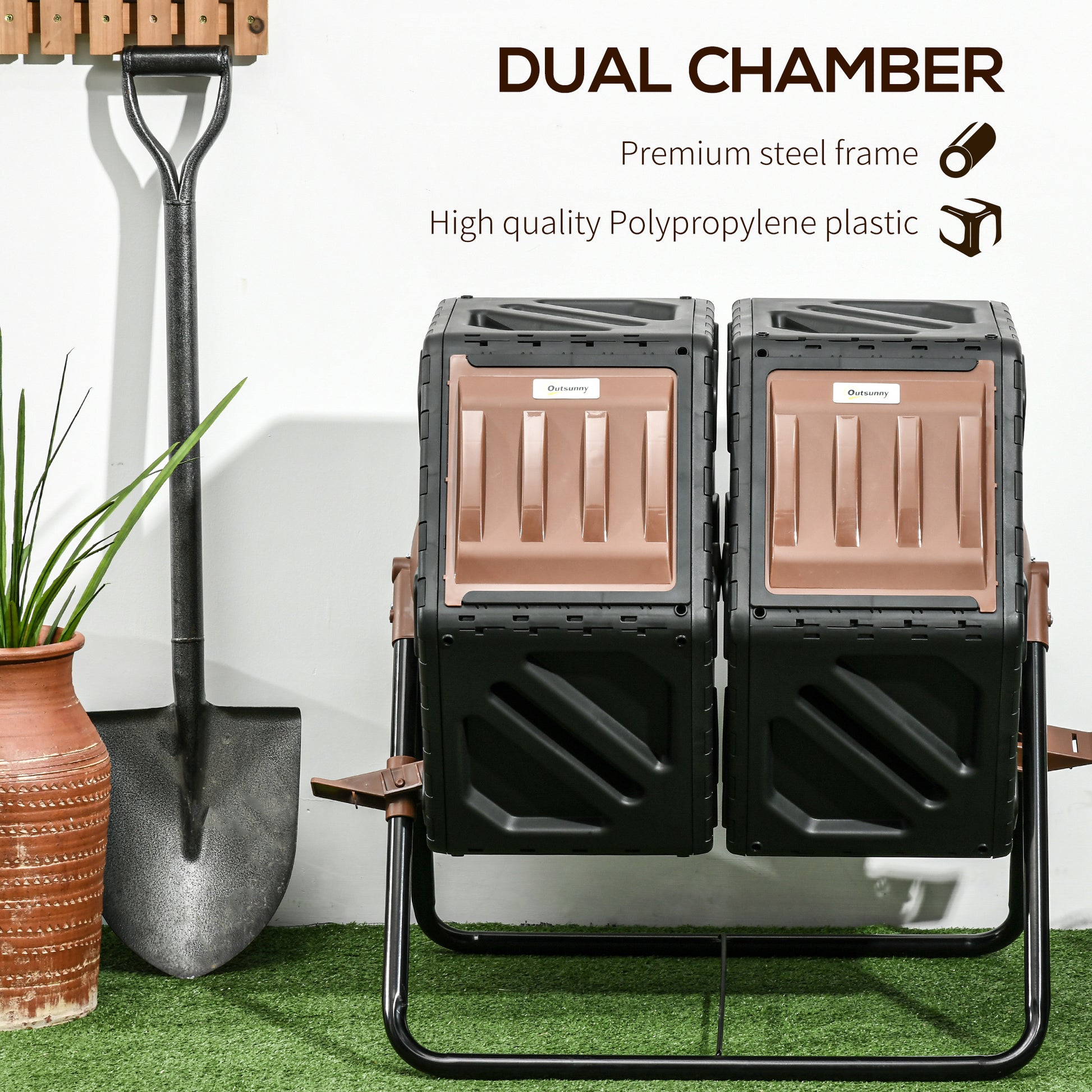 Rotating Composter, Dual Chamber Compost Bin with 24 Vents and Steel Legs, 34.5 Gallon, Brown