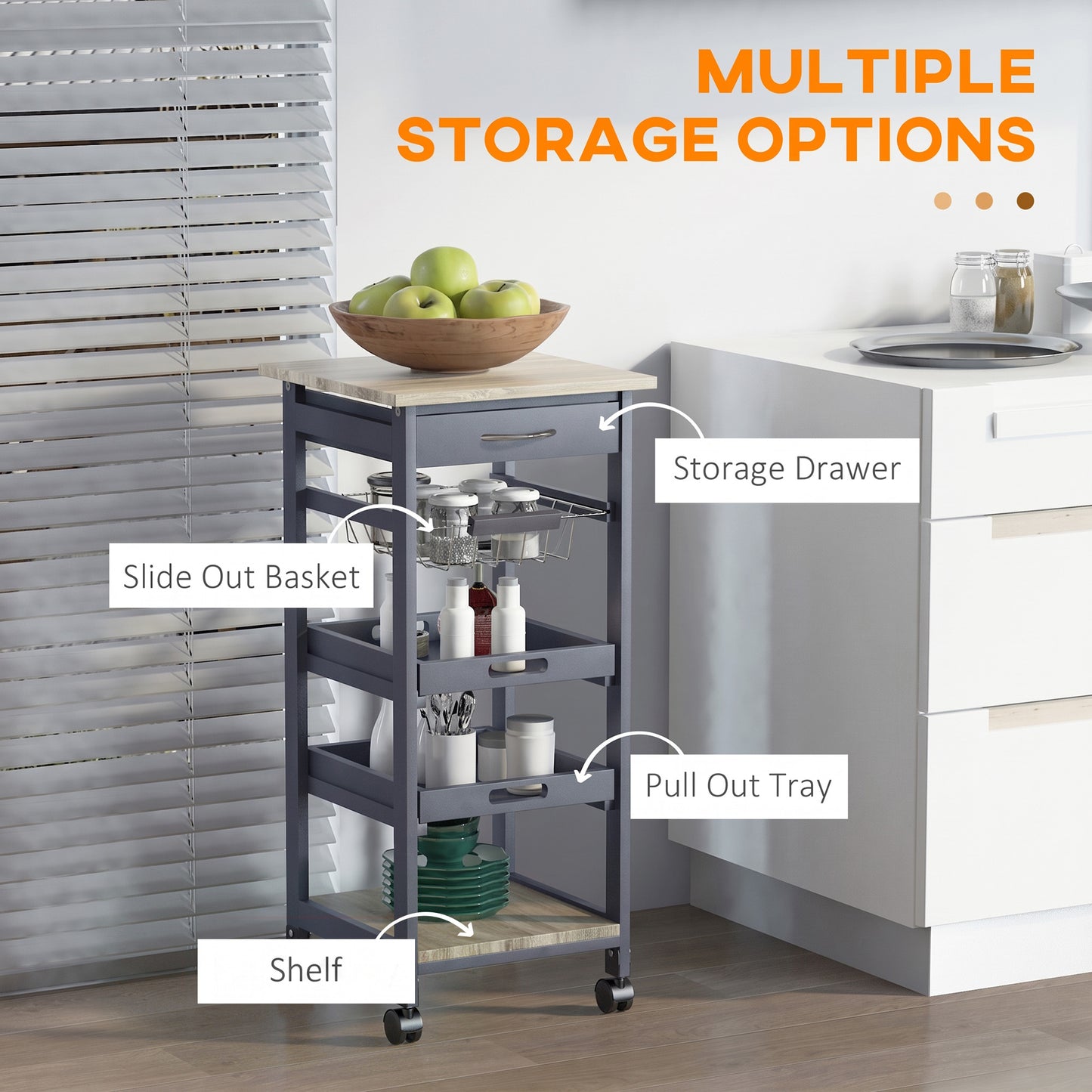 Rolling Kitchen Island Cart, Mobile Utility Storage Cart with Drawer, Wire Storage Basket, Removable Tray, Grey