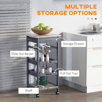 Rolling Kitchen Island Cart, Mobile Utility Storage Cart with Drawer, Wire Storage Basket, Removable Tray, Grey