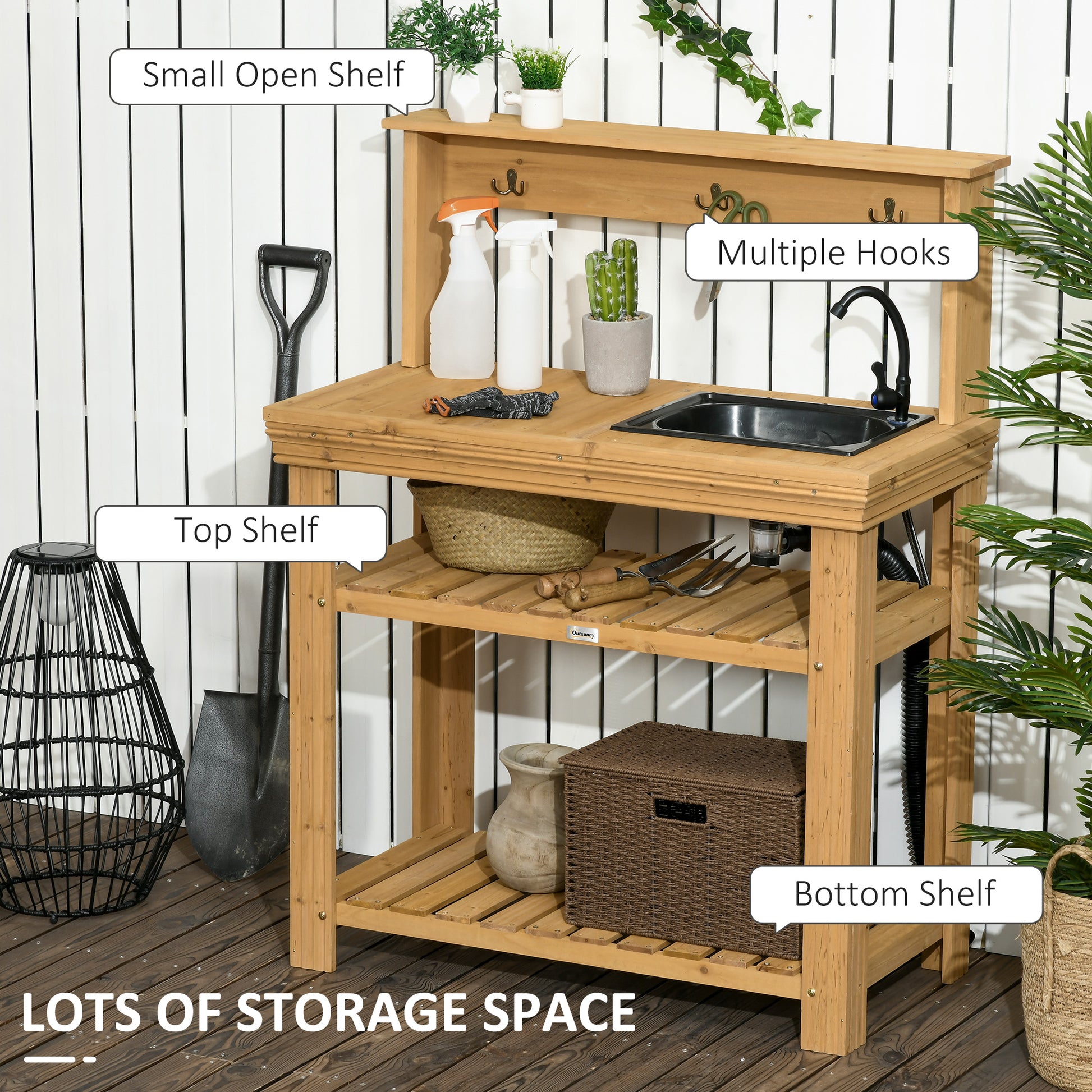 Outdoor Potting Bench Table with Faucet, Removable Sink, Hooks and Storage Shelves, Wood Work Bench Workstation for Gree