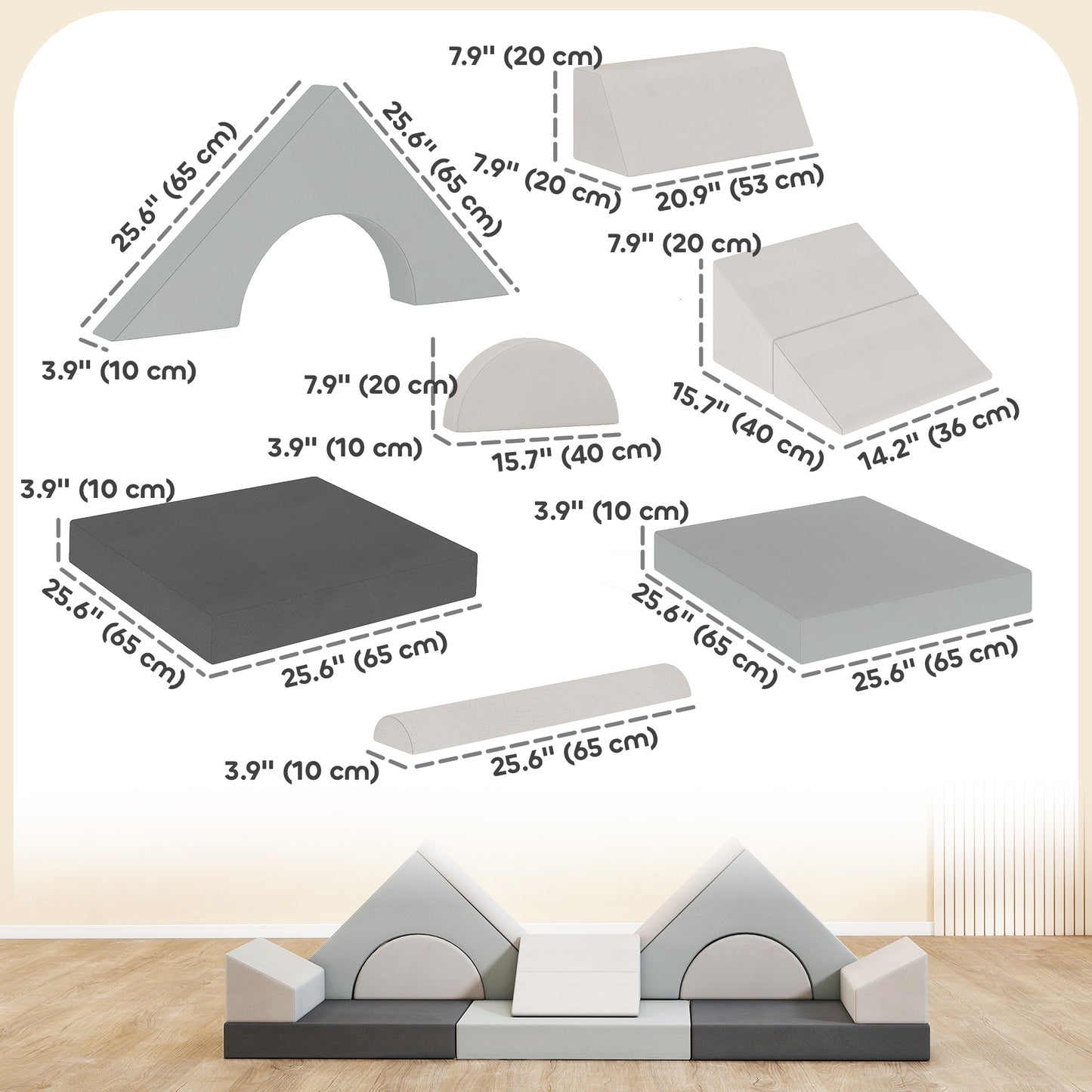 Qaba 12 PCS Modular Kids Play Couch, Child Sectional Sofa for Toddlers, Convertible Foam and Floor Cushion, Grey