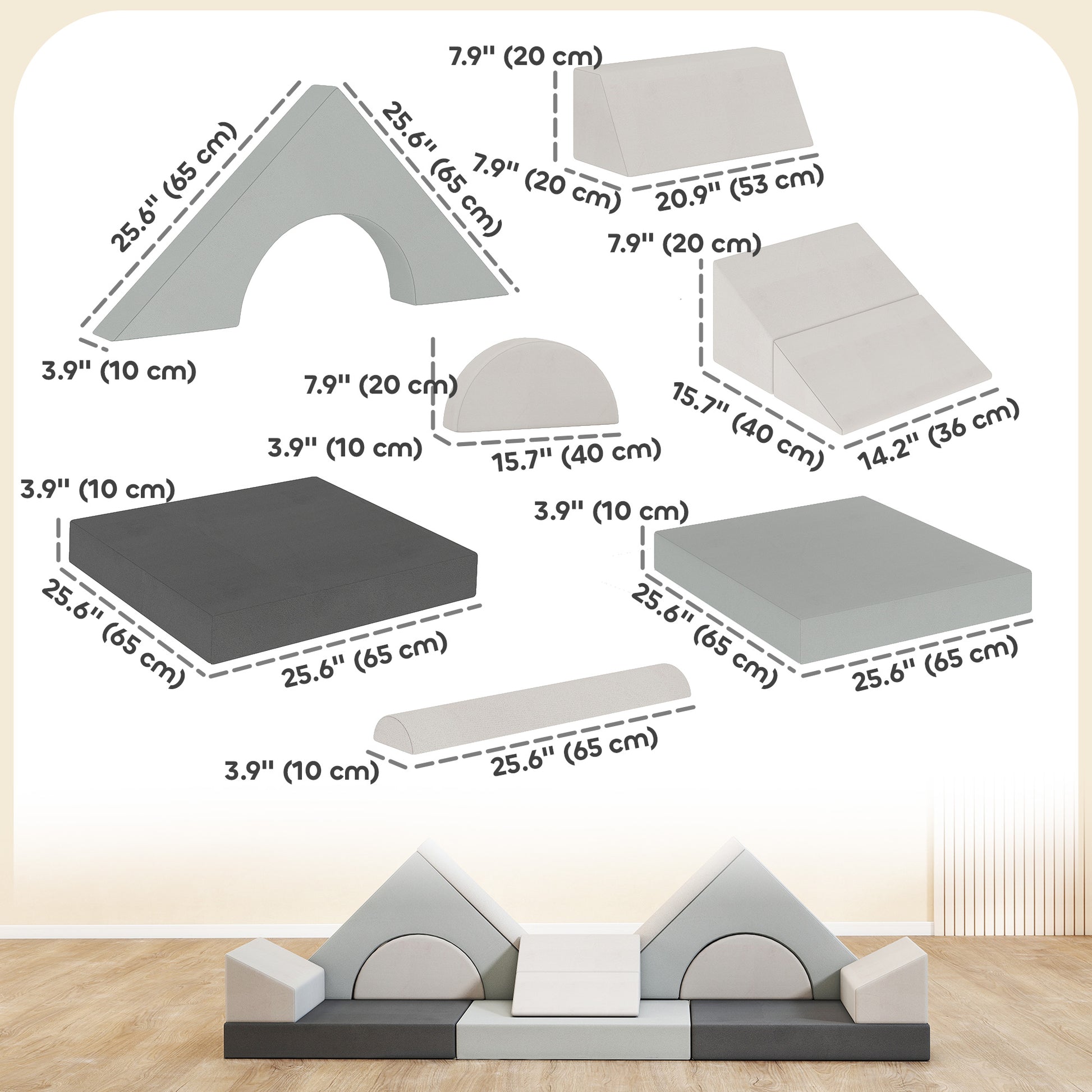 Qaba 12 PCS Modular Kids Play Couch, Child Sectional Sofa for Toddlers, Convertible Foam and Floor Cushion, Grey