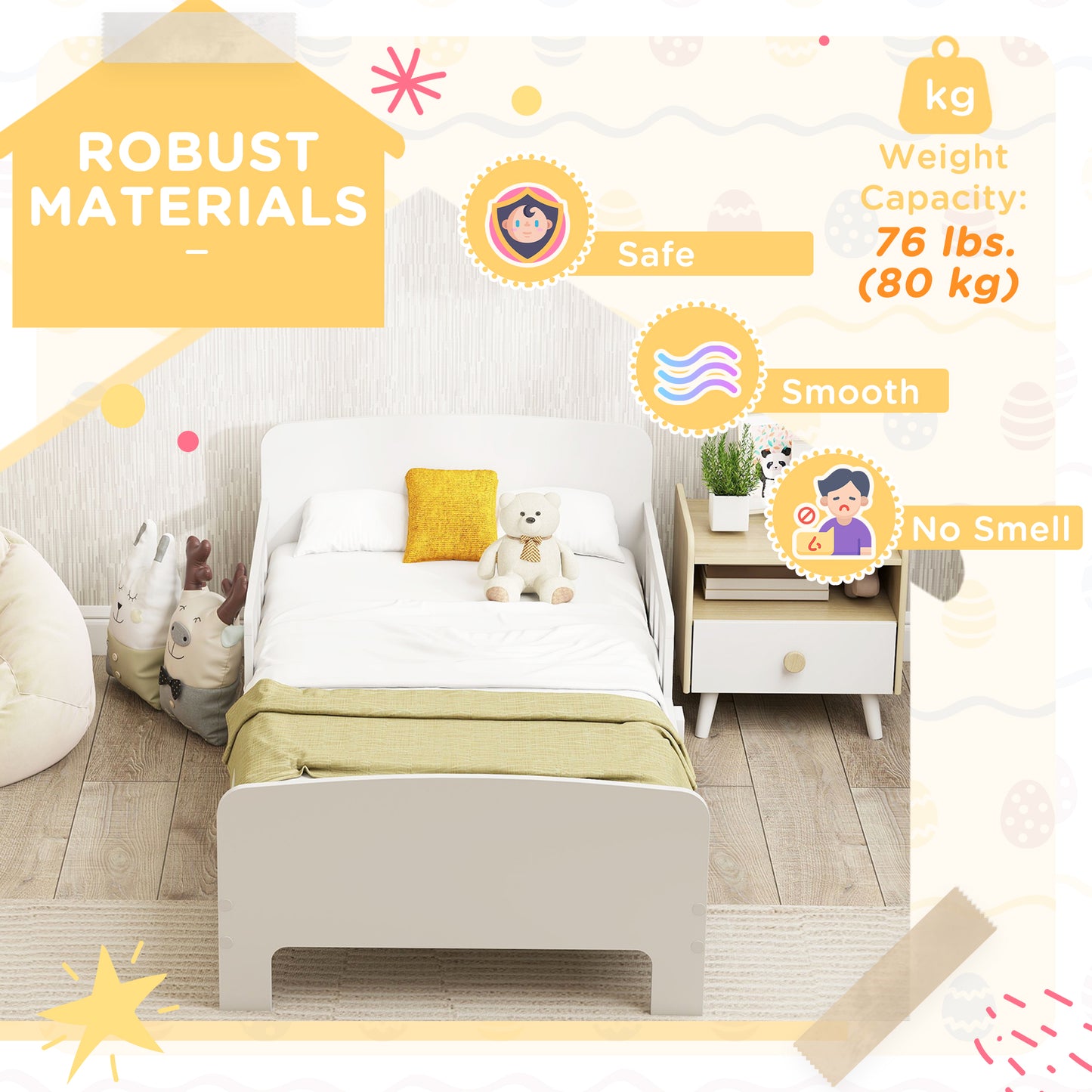Qaba Toddler Bed Frame with Safety Side Rails for Girls and Boys, Bedroom Furniture, White