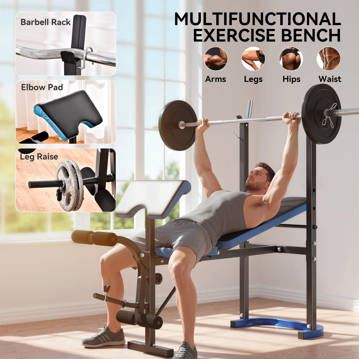 Soozier Adjustable Weight Bench with Barbell Rack and Leg Developer for Weight Lifting and Strength Training Multifuncti
