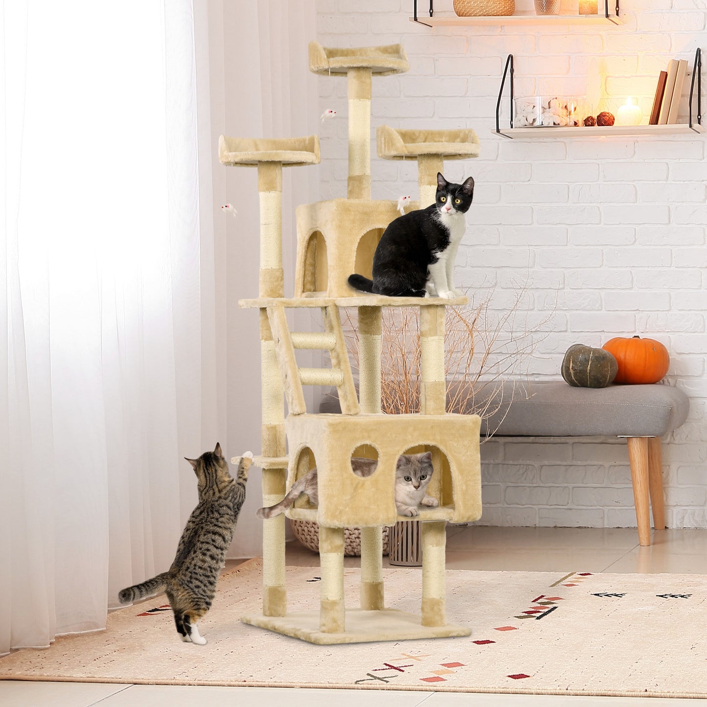 71-Inch Multi Level Scratching Cat Tree Kitty Condo  Activity Center with Toys, Beige