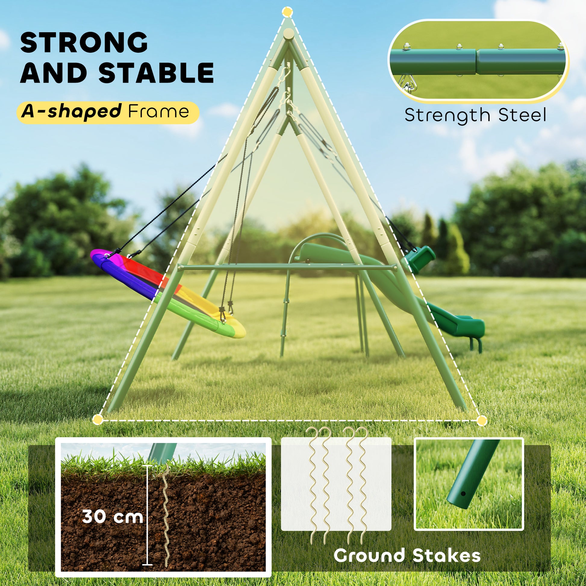 Qaba Metal Swing Set with Slide, Saucer Swing Seat, Heavy Duty A-Frame Stand and Adjustable Rope for Backyard, Dark Gree