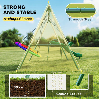 Qaba Metal Swing Set with Slide, Saucer Swing Seat, Heavy Duty A-Frame Stand and Adjustable Rope for Backyard, Dark Gree