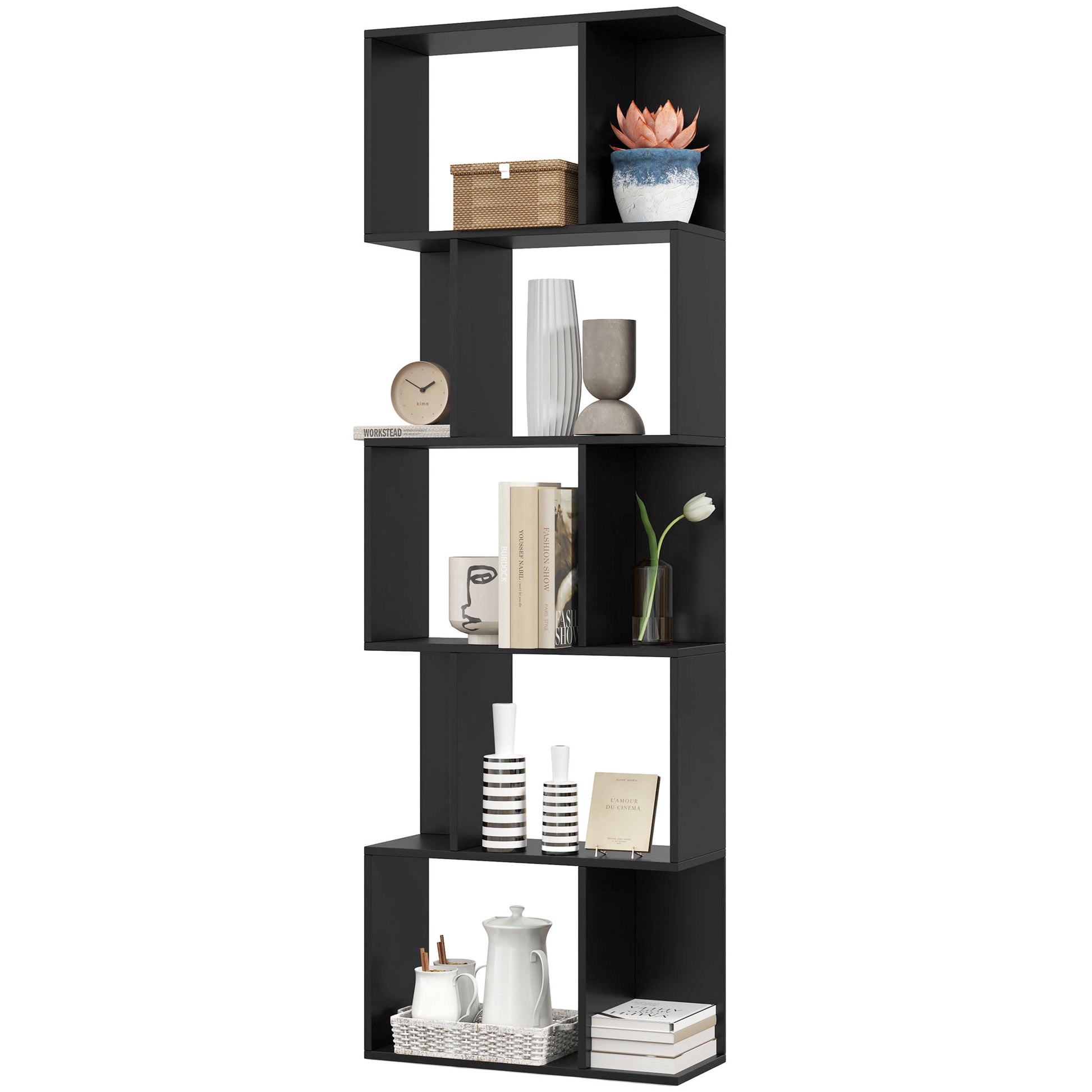 5-Tier Geometric Bookshelf, S Shaped Bookcase, Modern Freestanding Display Shelf Unit for Home Office, Black