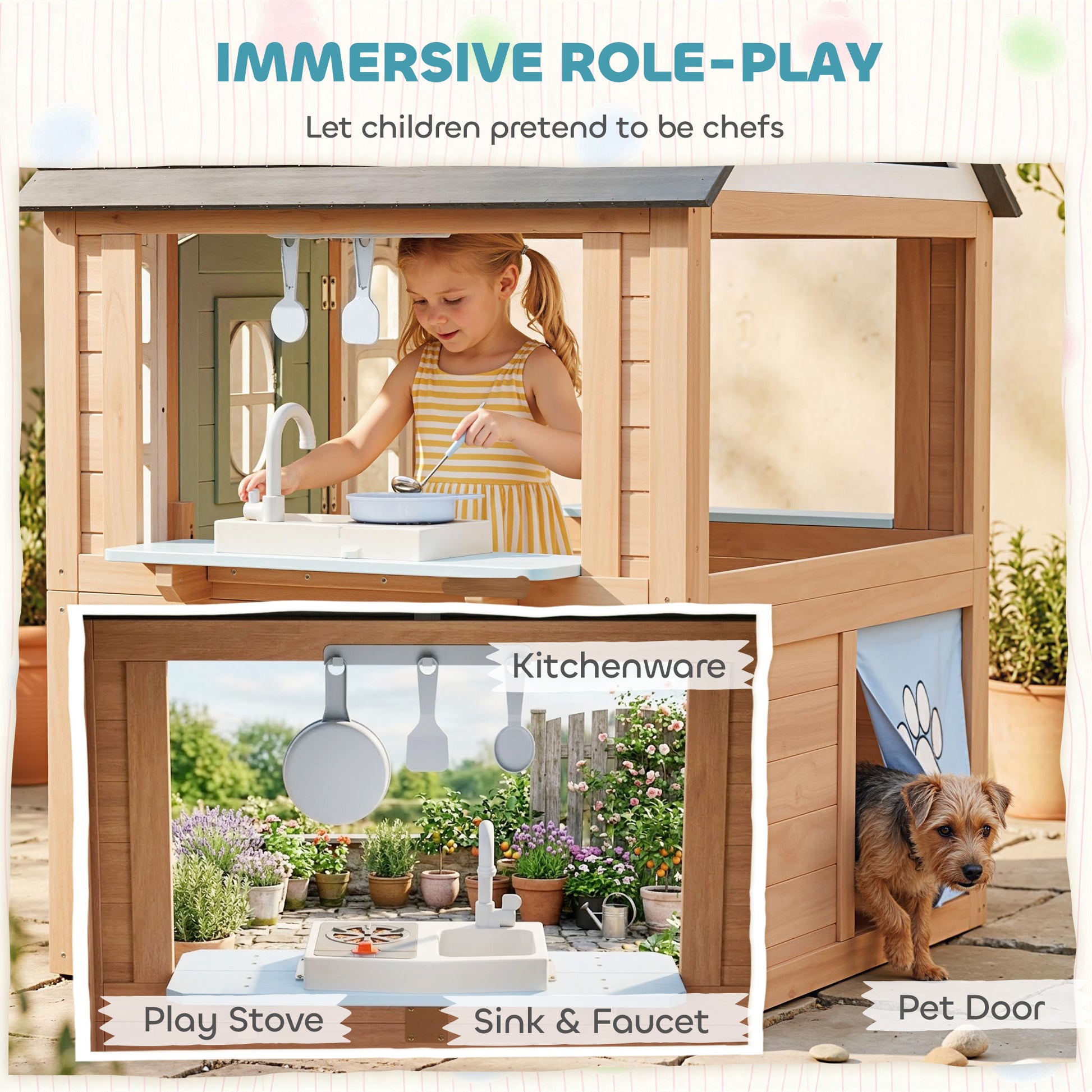 Qaba Kids Outdoor Playhouse, Wooden Cottage Play House with Pet Door, Play Kitchen, Half Door and Windows for Indoor Out