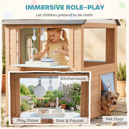 Qaba Kids Outdoor Playhouse, Wooden Cottage Play House with Pet Door, Play Kitchen, Half Door and Windows for Indoor Out