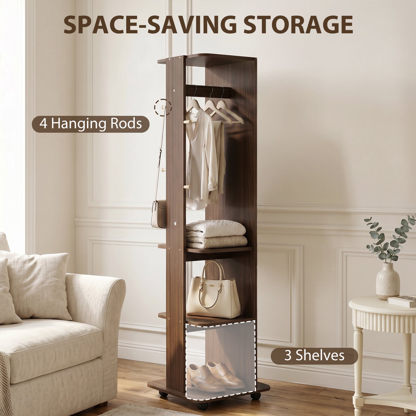 15" x 62" Full Length Mirror, Tempered Glass Floor Mirror on Wheels with Storage Shelves, Coat Hangers, Brown Wood Grain