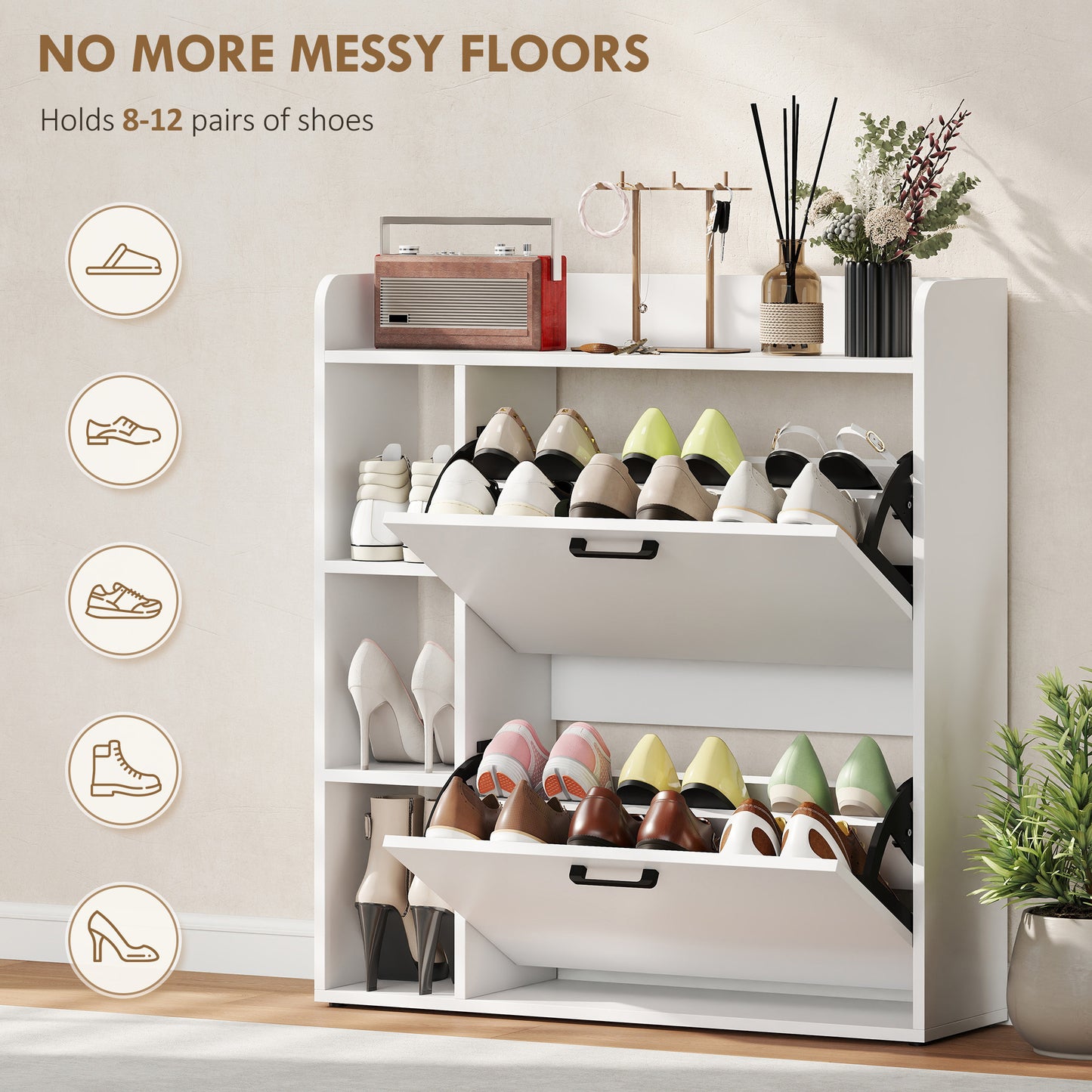 Shoe Cabinet with 2 Flip Drawers, 3 Side Compartments, Adjustable Shelves, 8-12 Pairs for Entryway Hallway, White
