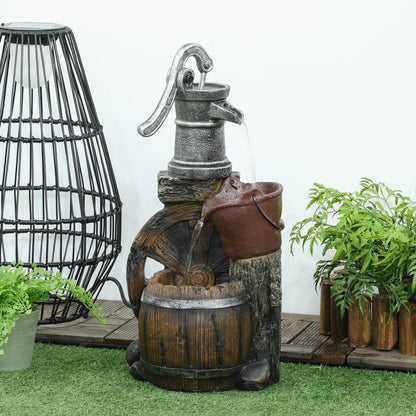 Rustic Waterfall Fountain with Old Fashion Pump Barrel Wheel, 3-Tier Cascading Outdoor Fountain with Adjustable Flow, De