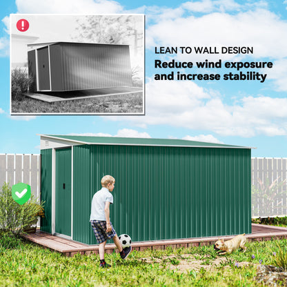 11' x 9' Steel Garden Storage Shed, Outdoor Metal Tool House with Double Sliding Doors & 2 Air Vents, Green