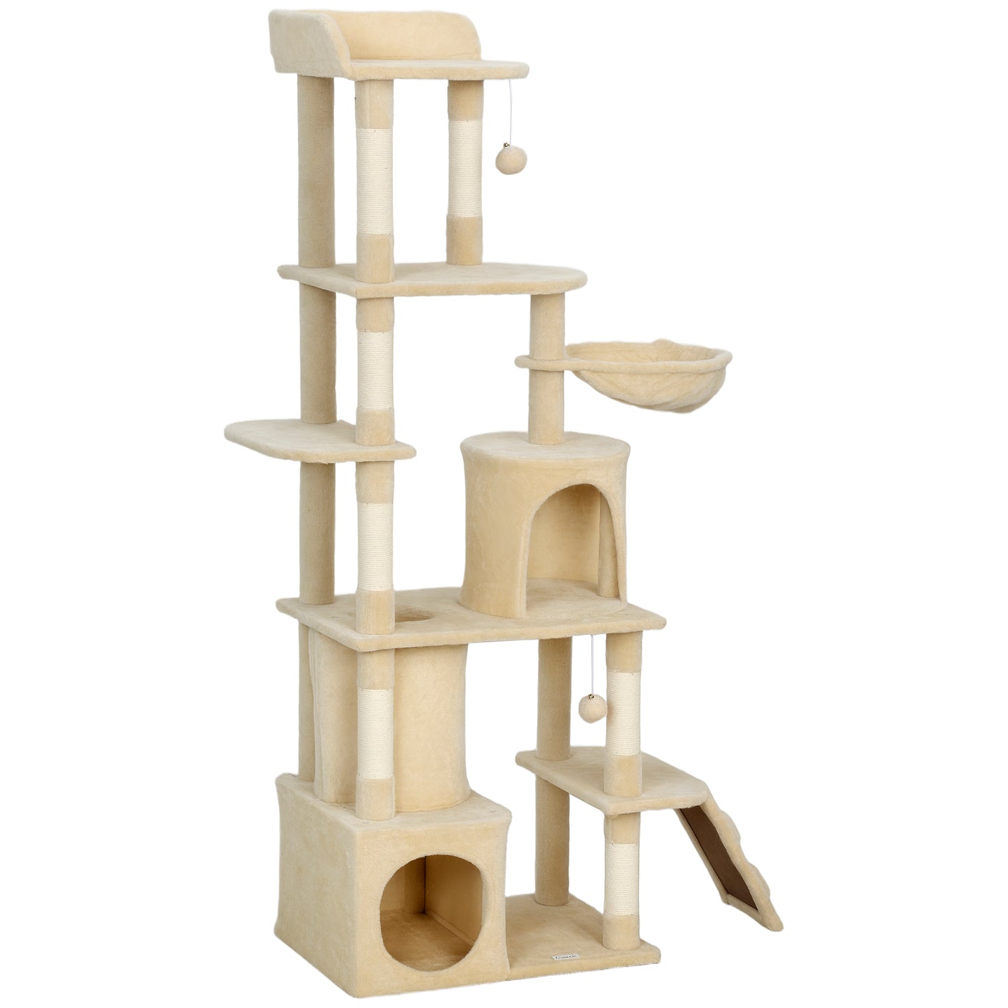 67" Large Cat Tree with 7 Scratching Posts, Tunnel, 2 Condos, Hammock, Perch, Ramp, Pompoms, Beige