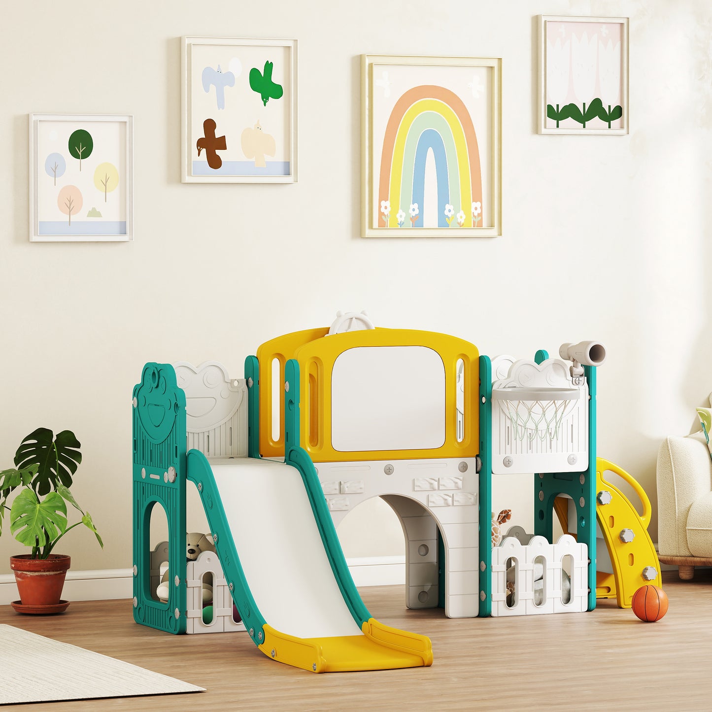 Qaba 7 in 1 Toddler Slide with Basketball Hoop, Climbing Frame, Telescope, Drawing Board, Storage Box for Ages 1-3, Yell
