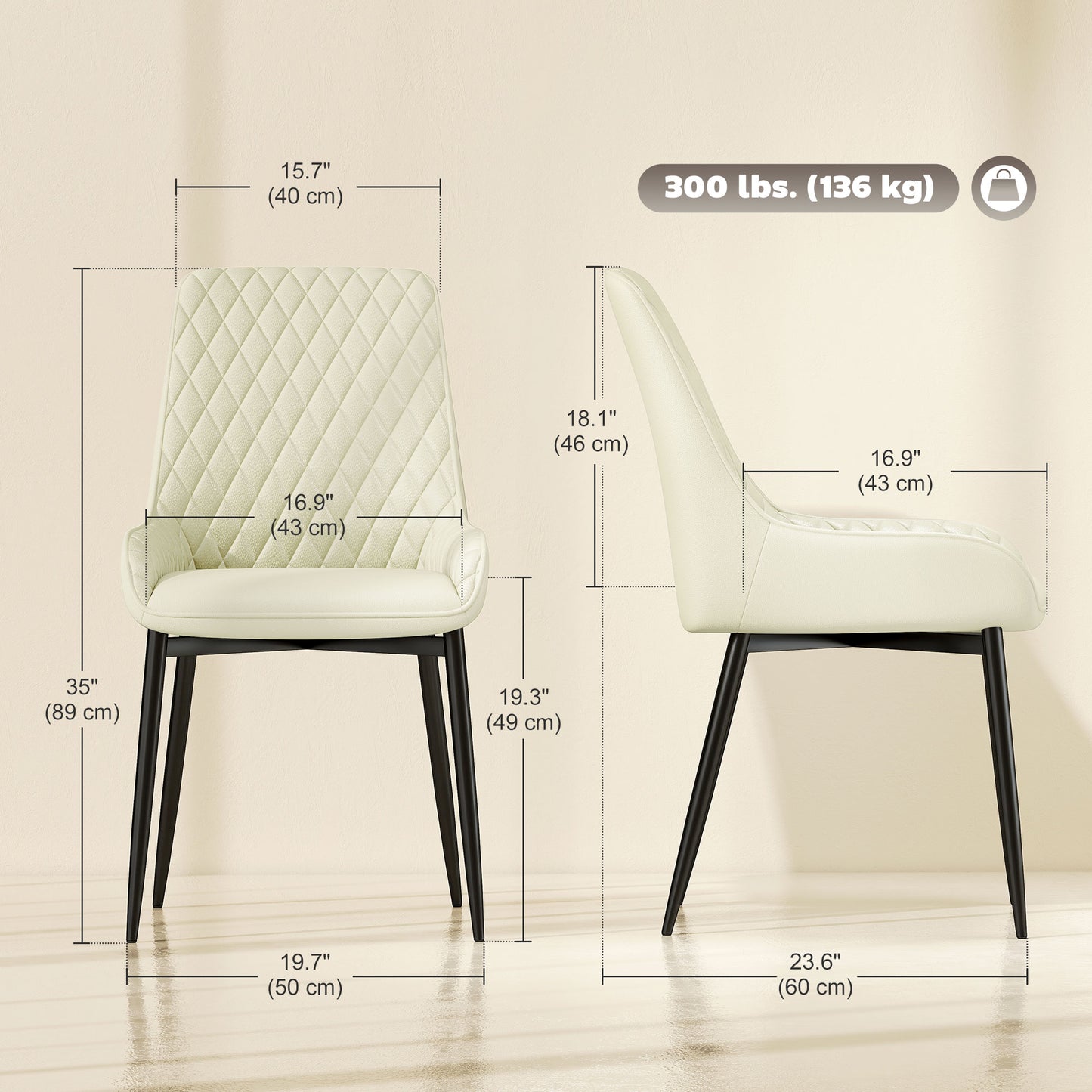 Set of 4 Upholstered Kitchen Chairs, Modern Dining Chairs with Diamond Tufting and Steel Legs for Dining Room, Cream Whi