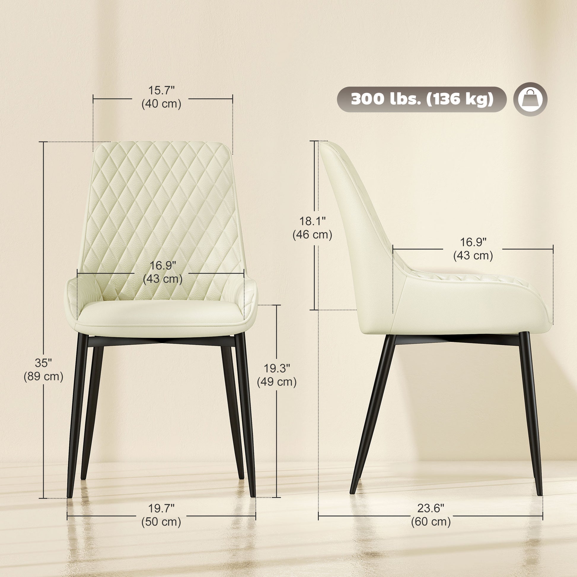 Set of 4 Upholstered Kitchen Chairs, Modern Dining Chairs with Diamond Tufting and Steel Legs for Dining Room, Cream Whi