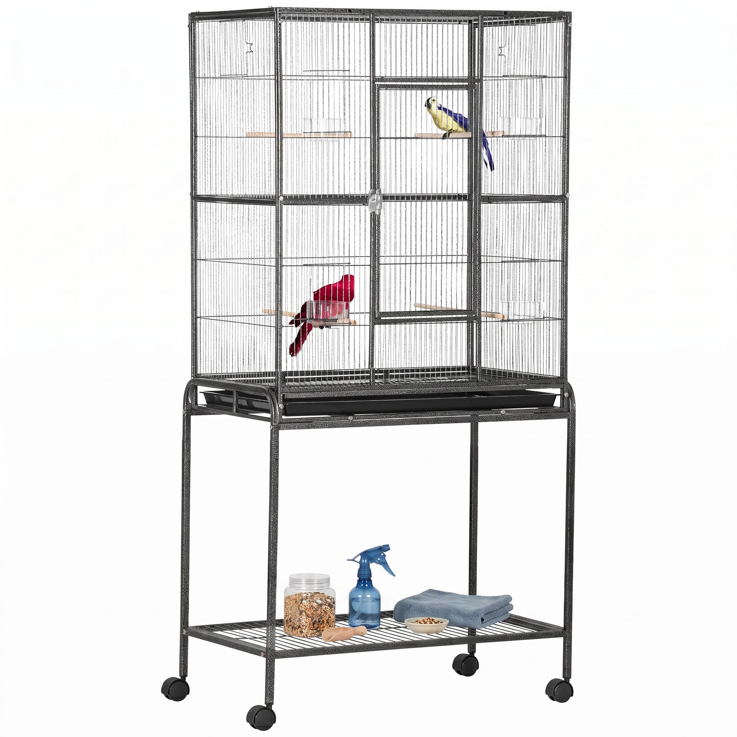 Large Rolling Metal Bird Cage Bird House with Detachable Rolling Stand, Storage Shelf, Wood Perch Food Container - Black
