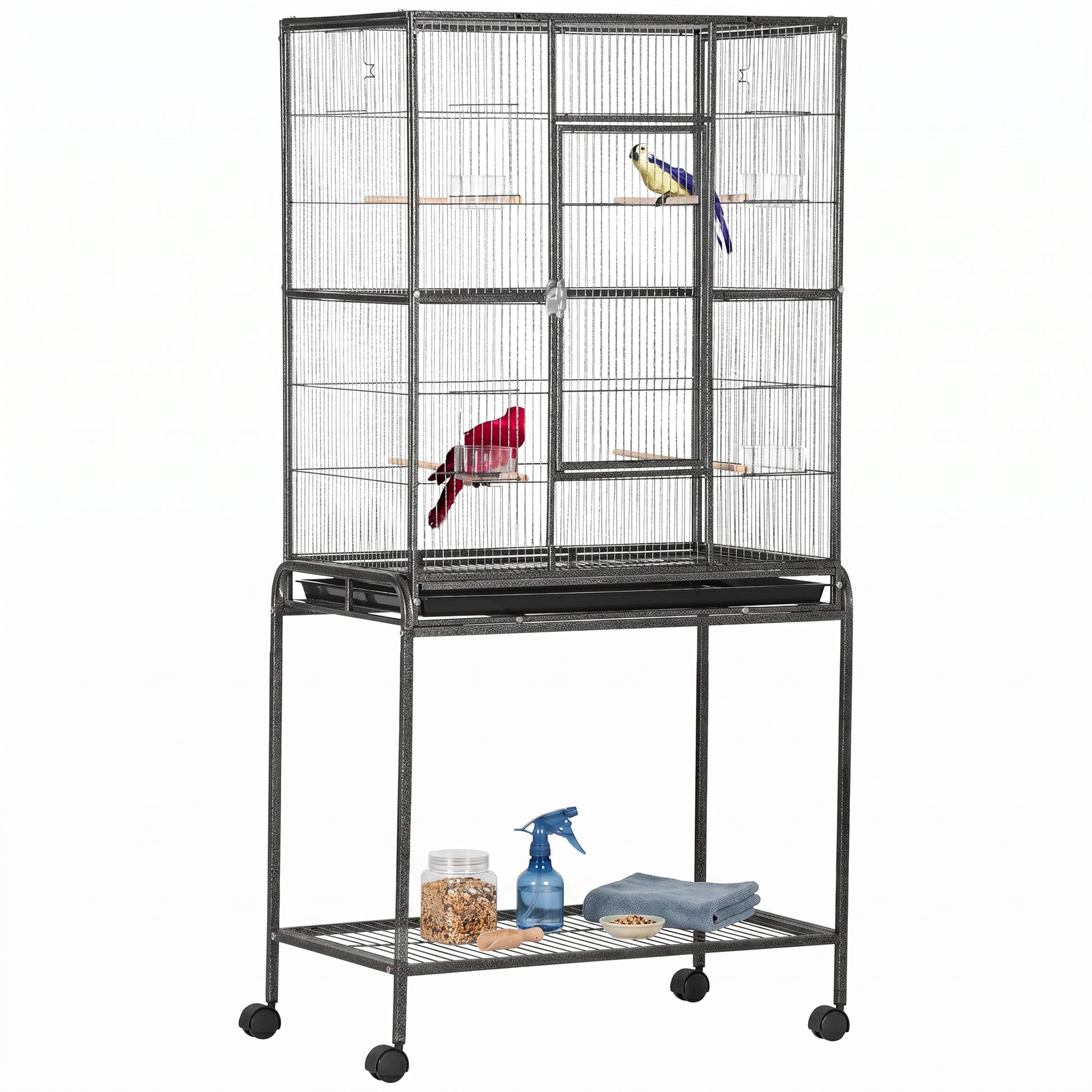 Large Rolling Metal Bird Cage Bird House with Detachable Rolling Stand, Storage Shelf, Wood Perch Food Container - Black