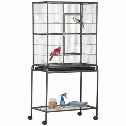Large Rolling Metal Bird Cage Bird House with Detachable Rolling Stand, Storage Shelf, Wood Perch Food Container - Black