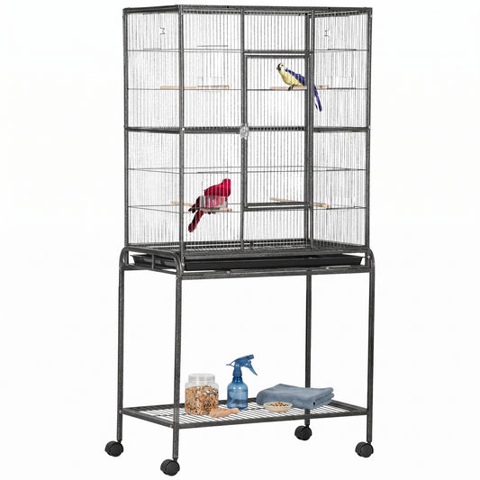 Large Rolling Metal Bird Cage Bird House with Detachable Rolling Stand, Storage Shelf, Wood Perch Food Container - Black