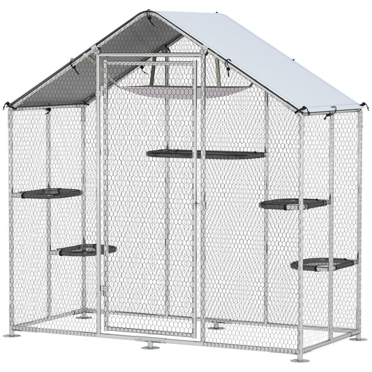 Large Catio Outdoor Cat Enclosure with Waterproof Cover, Walk-in Cat Patio w/ 5 Adjustable Platforms & Hammock 79" W