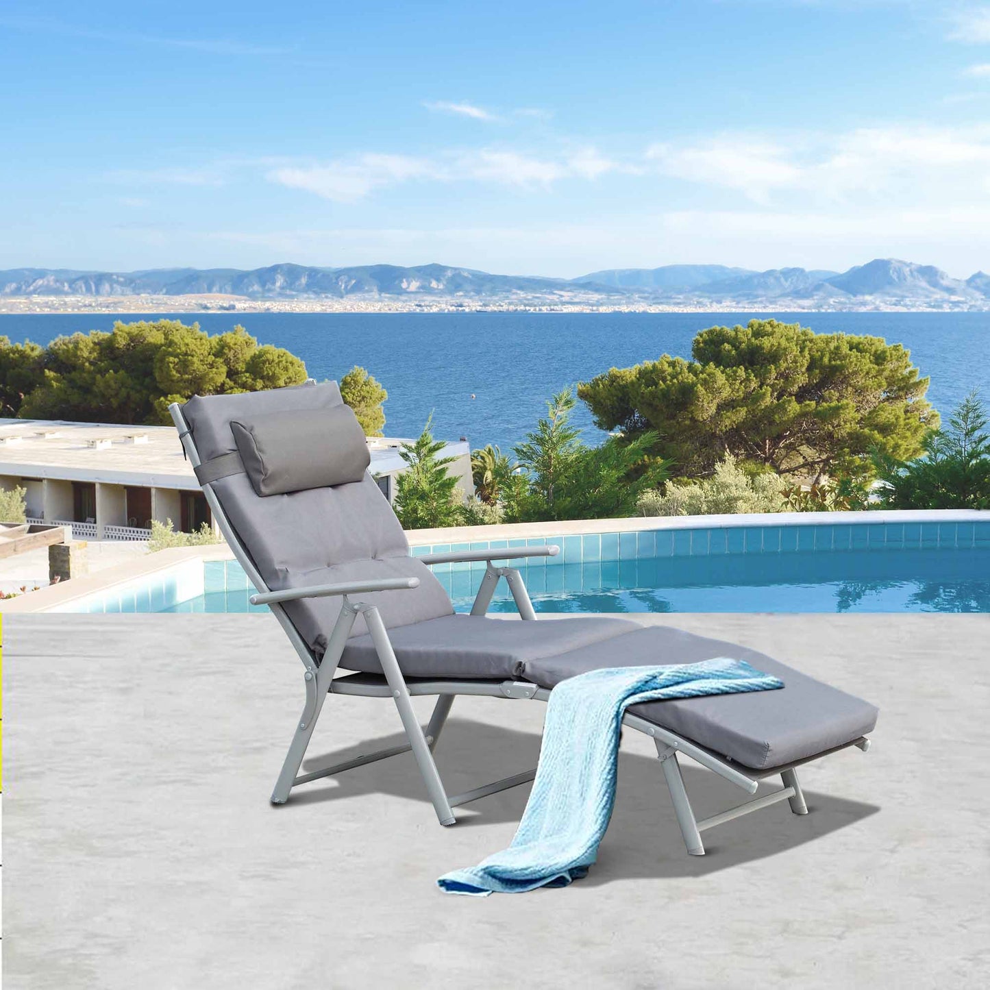 Lounge Chair Outdoor, Folding Patio Chaise Lounger, 360 lbs 7-Position Adjustable Back Outdoor Recliner with Cushion, He