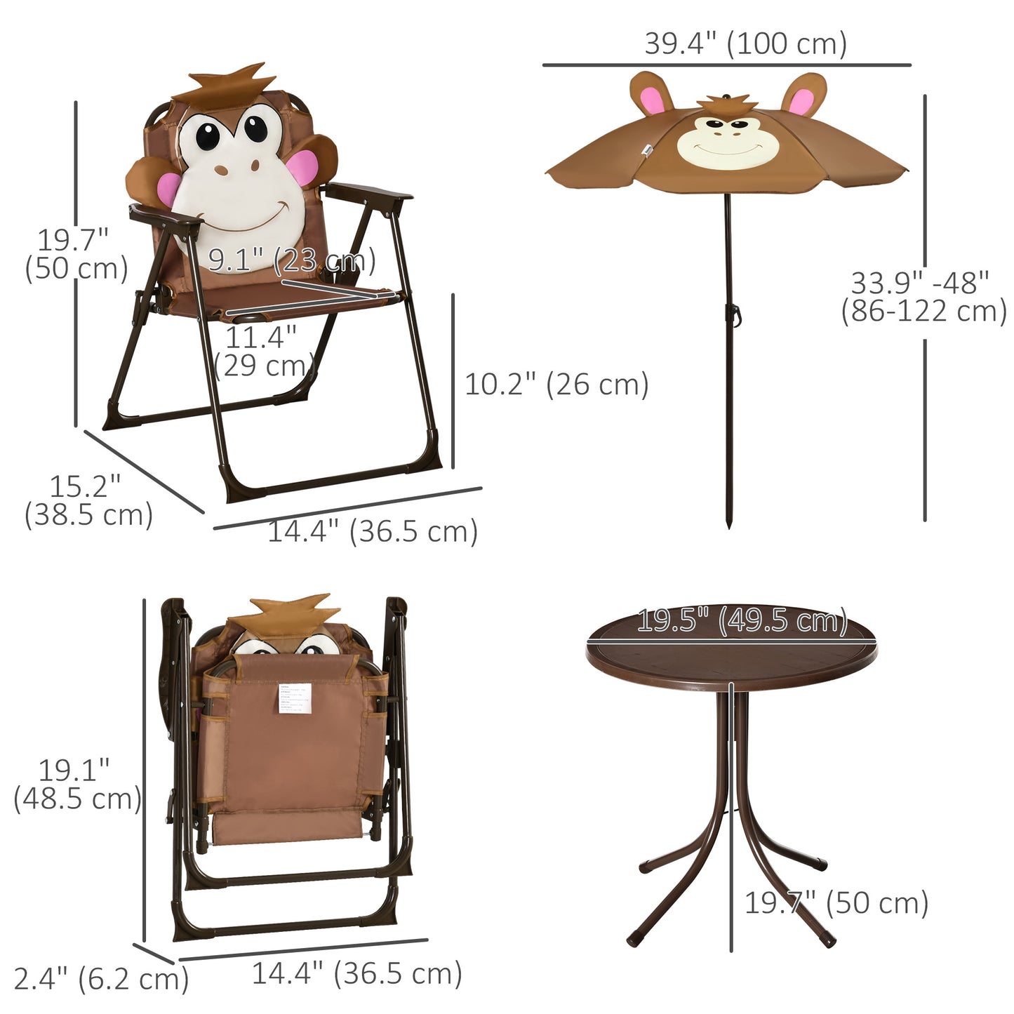 Kids Folding Picnic Table and Chair Set Pattern Outdoor Garden Patio Backyard with Removable & Height Adjustable Sun Umb